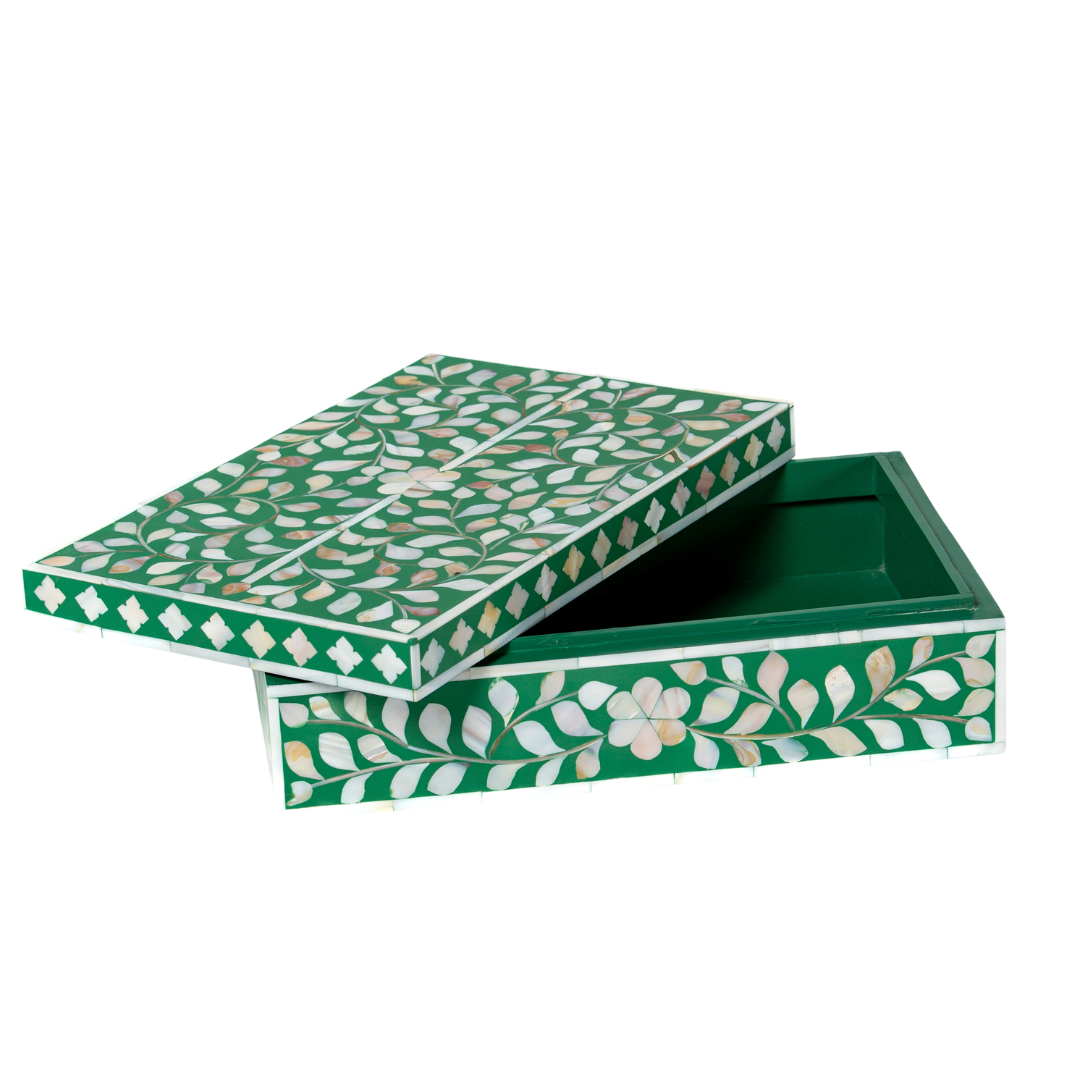 Green mother of pearl inlay decorative box with floral pattern, handcrafted storage box in wood