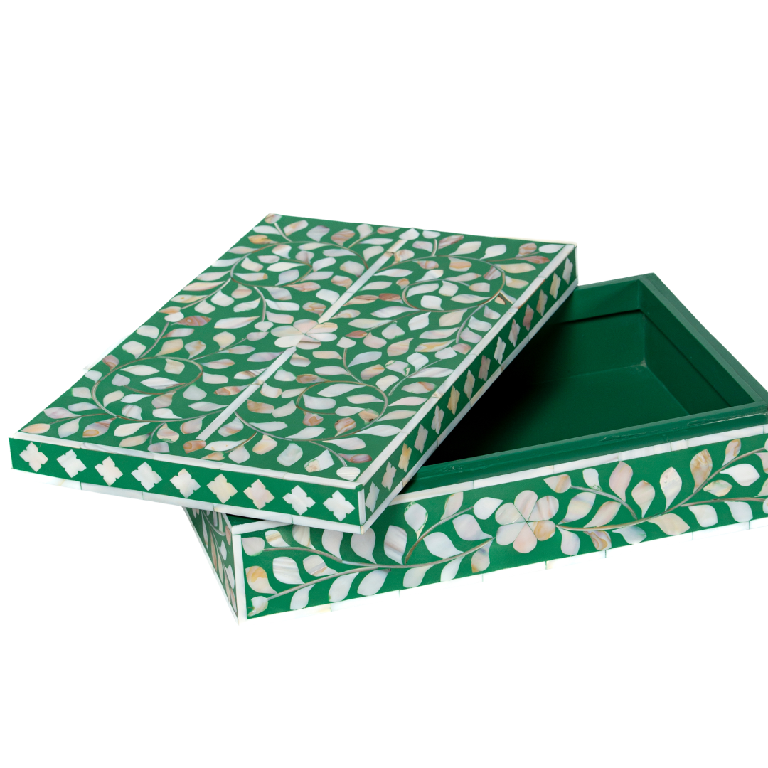 Green mother of pearl inlay decorative box with floral pattern, handcrafted storage box in wood