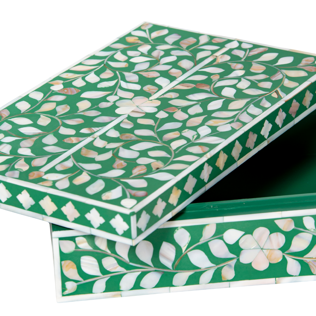 Green mother of pearl inlay decorative box with floral pattern, handcrafted storage box in wood