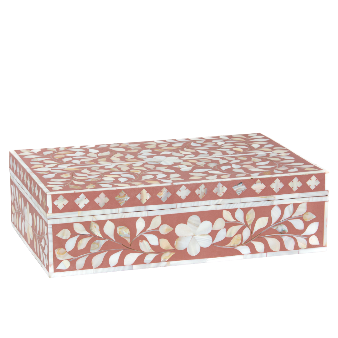 Pink mother of pearl inlay decorative box with floral pattern, handcrafted storage box in wood