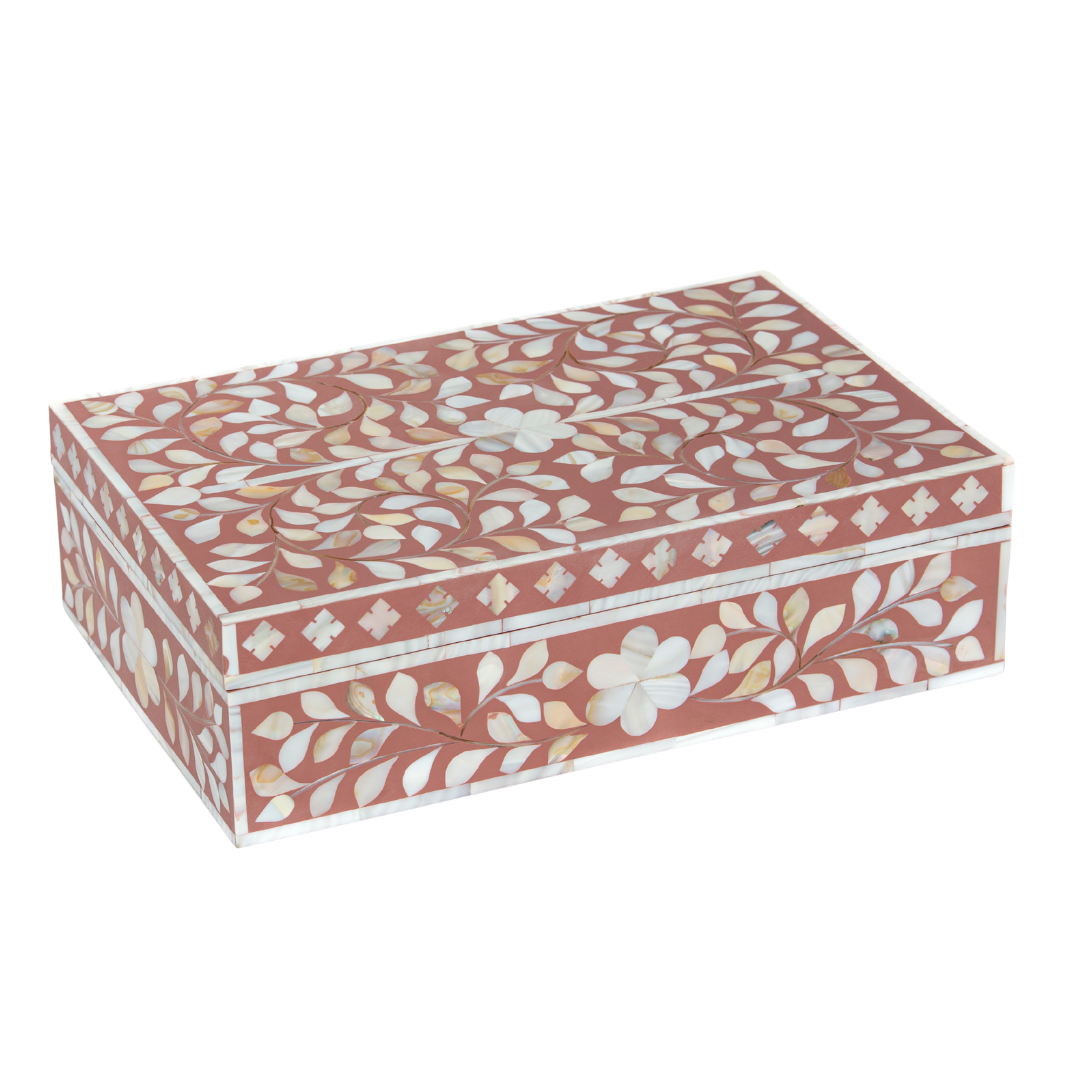 Pink mother of pearl inlay decorative box with floral pattern, handcrafted storage box in wood
