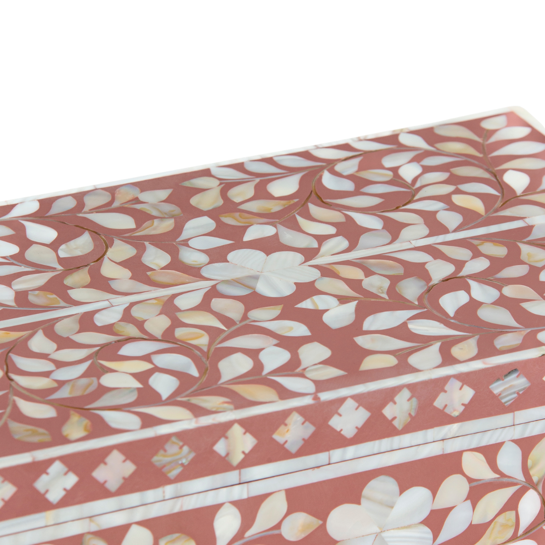 Pink mother of pearl inlay decorative box with floral pattern, handcrafted storage box in wood