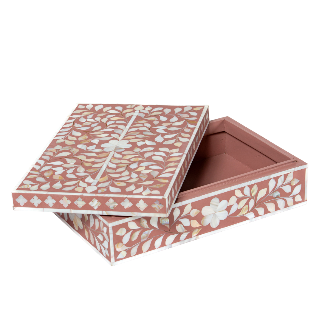Pink mother of pearl inlay decorative box with floral pattern, handcrafted storage box in wood
