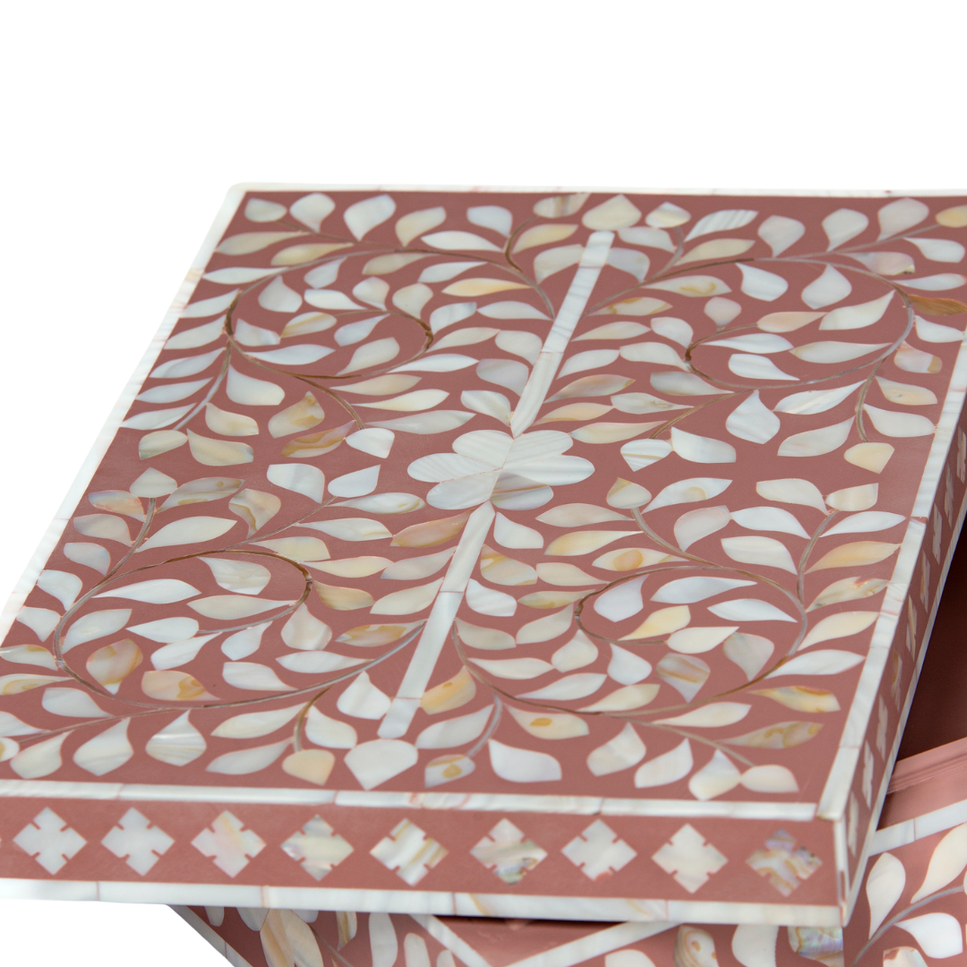 Pink mother of pearl inlay decorative box with floral pattern, handcrafted storage box in wood