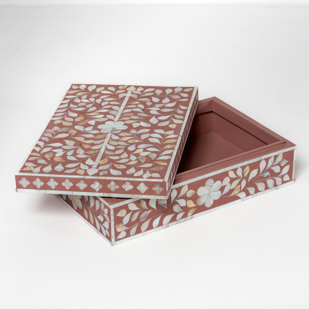 Pink mother of pearl inlay decorative box with floral pattern, handcrafted storage box in wood