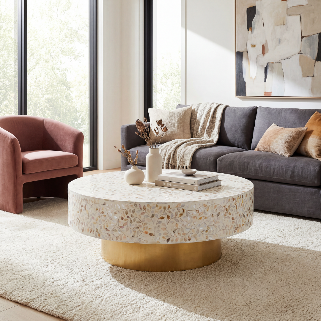 Mother of pearl inlay coffee table featuring intricate floral vine pattern in white and multitone, handcrafted furniture piece