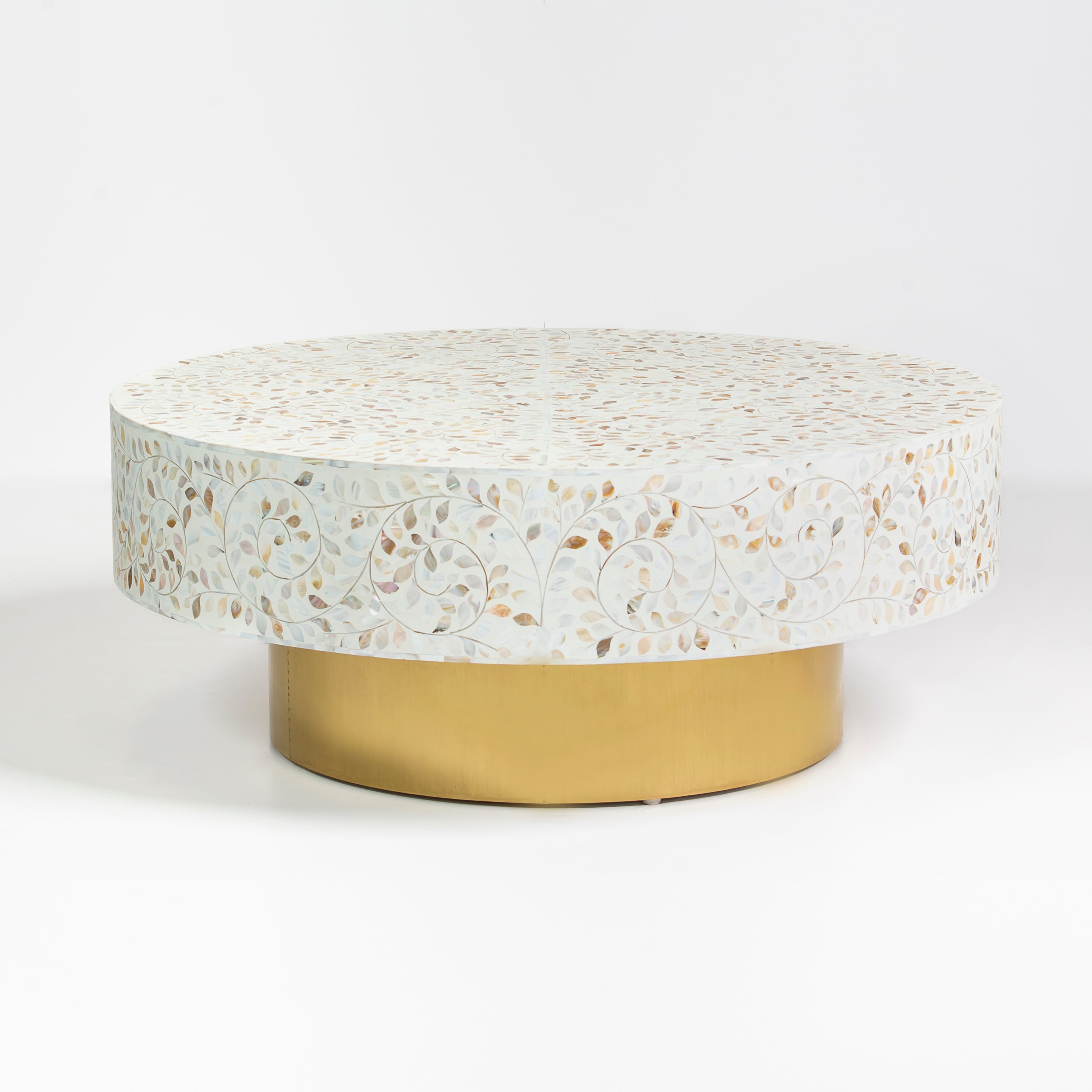 Mother of pearl inlay coffee table featuring intricate floral vine pattern in white and multitone, handcrafted furniture piece