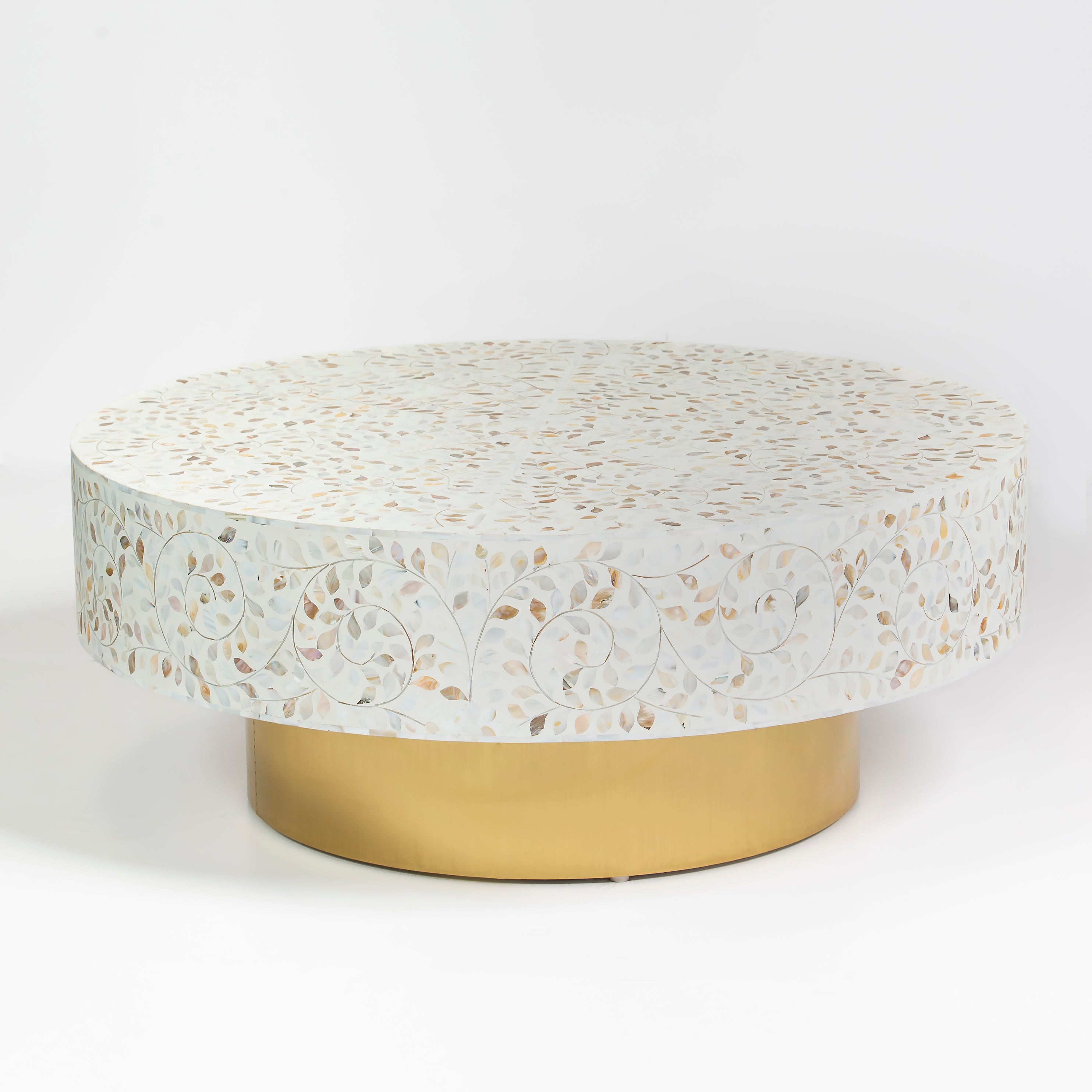 Mother of pearl inlay coffee table featuring intricate floral vine pattern in white and multitone, handcrafted furniture piece