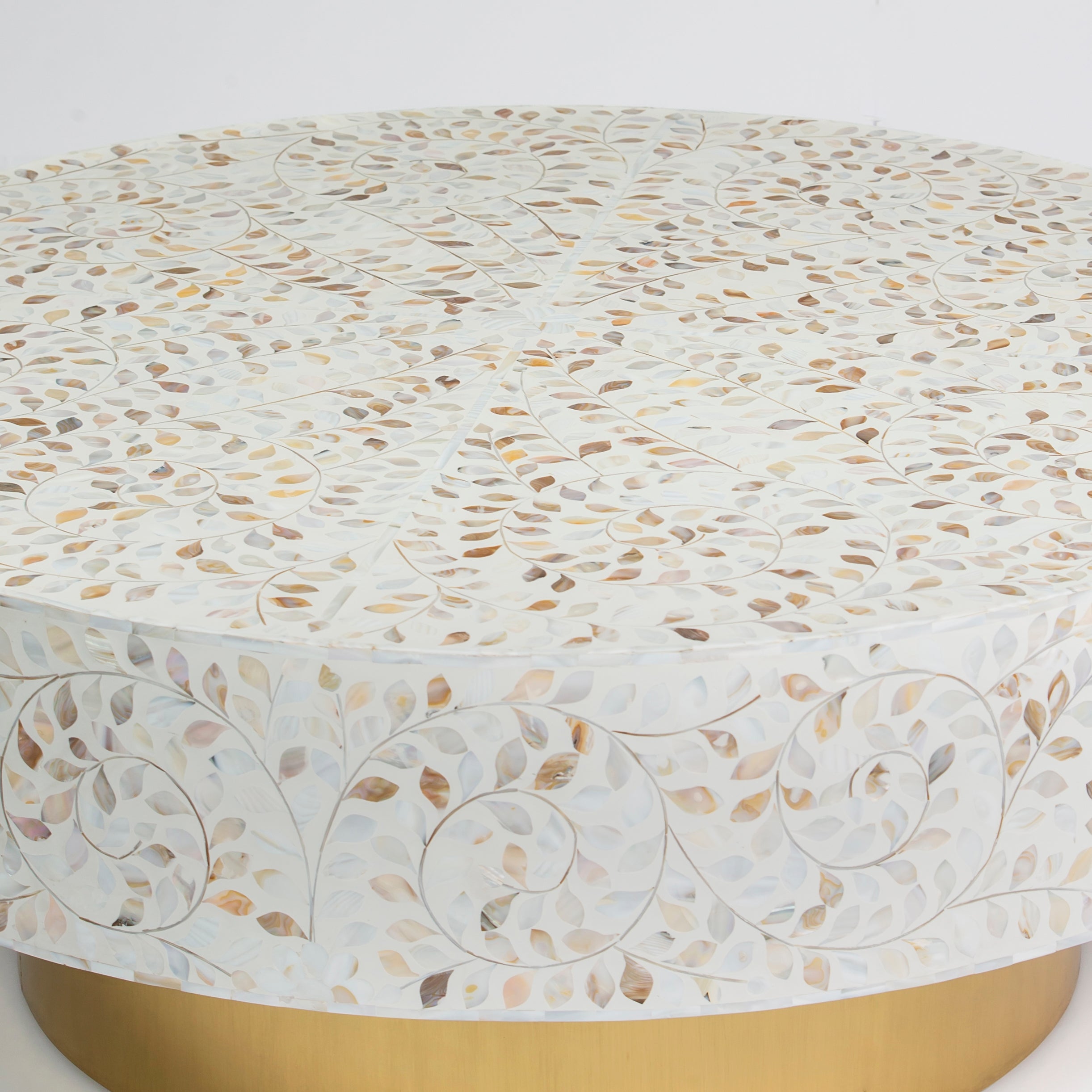 Mother of pearl inlay coffee table featuring intricate floral vine pattern in white and multitone, handcrafted furniture piece