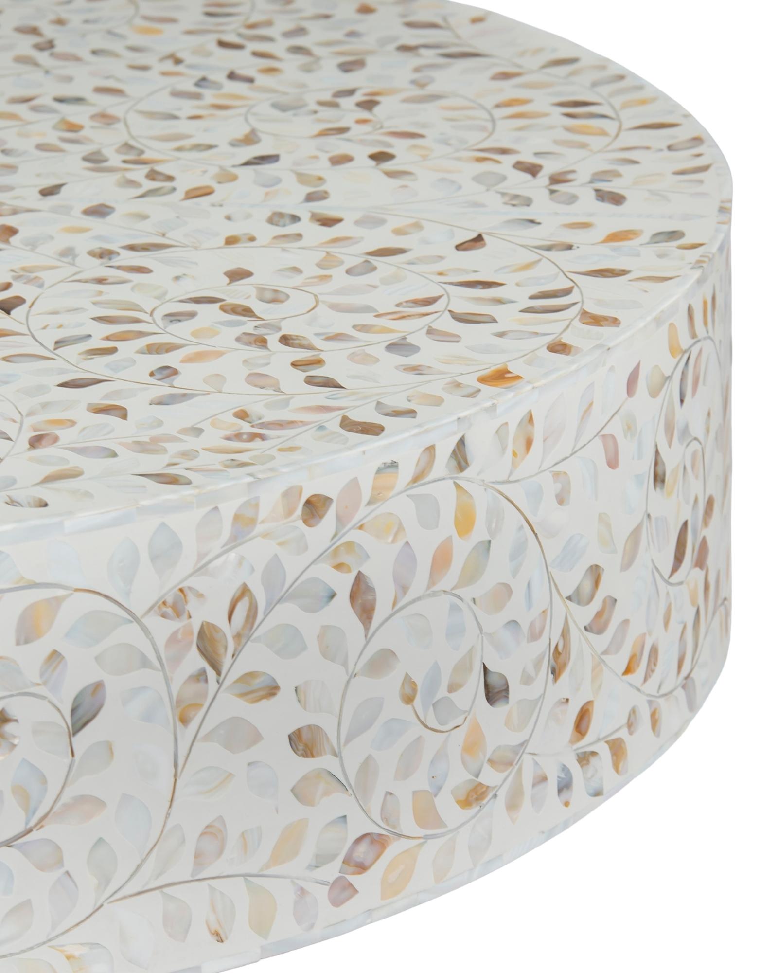 Mother of pearl inlay coffee table featuring intricate floral vine pattern in white and multitone, handcrafted furniture piece