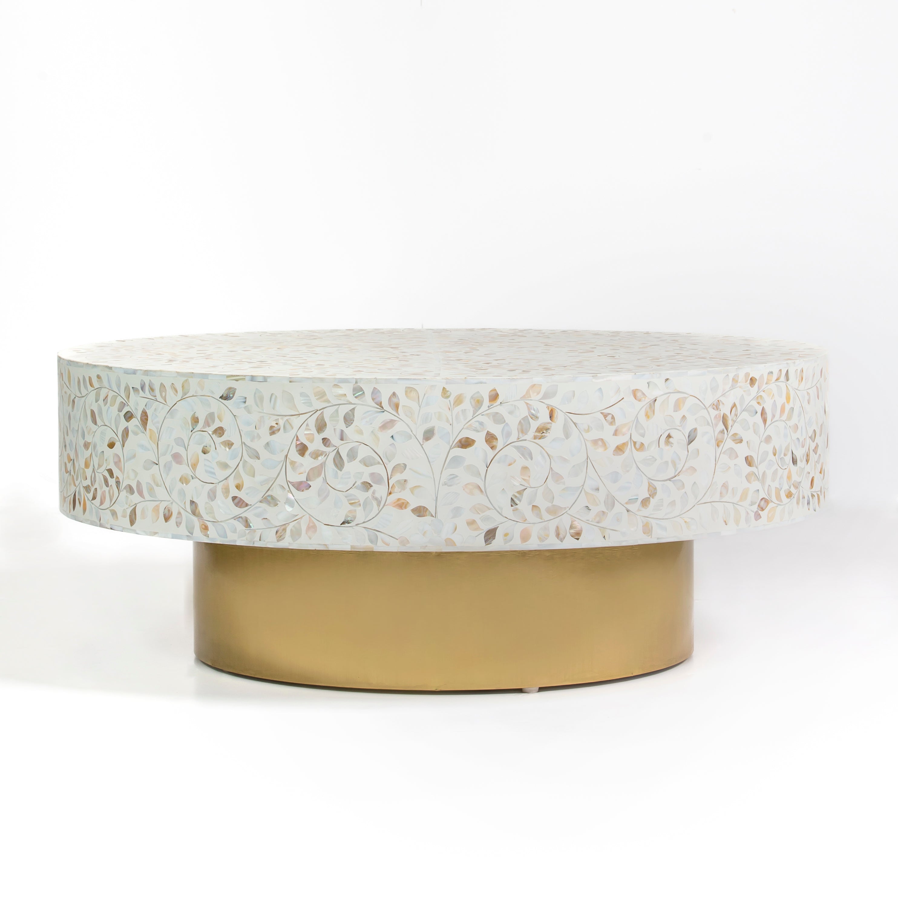 Mother of pearl inlay coffee table featuring intricate floral vine pattern in white and multitone, handcrafted furniture piece