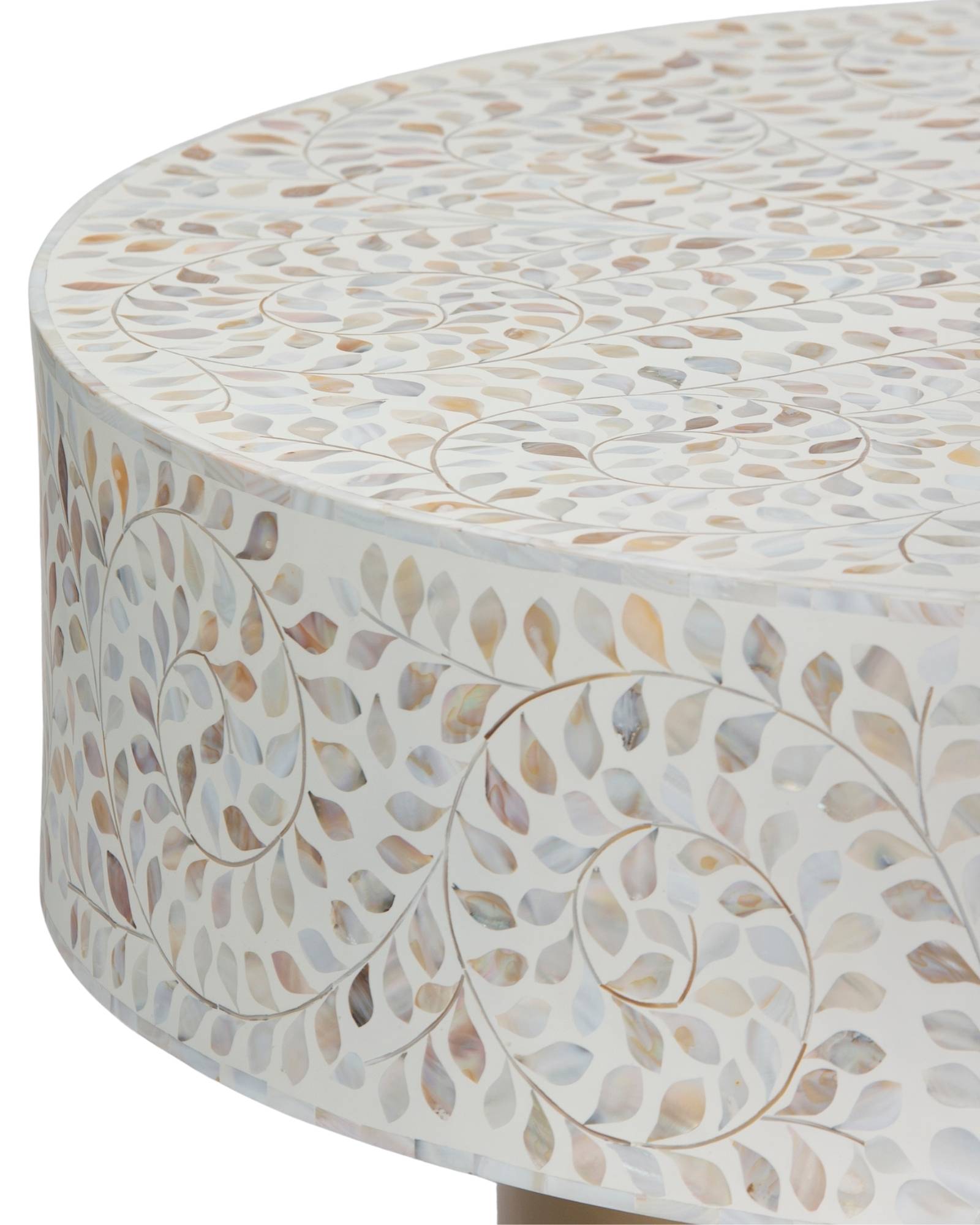Mother of pearl inlay coffee table featuring intricate floral vine pattern in white and multitone, handcrafted furniture piece.