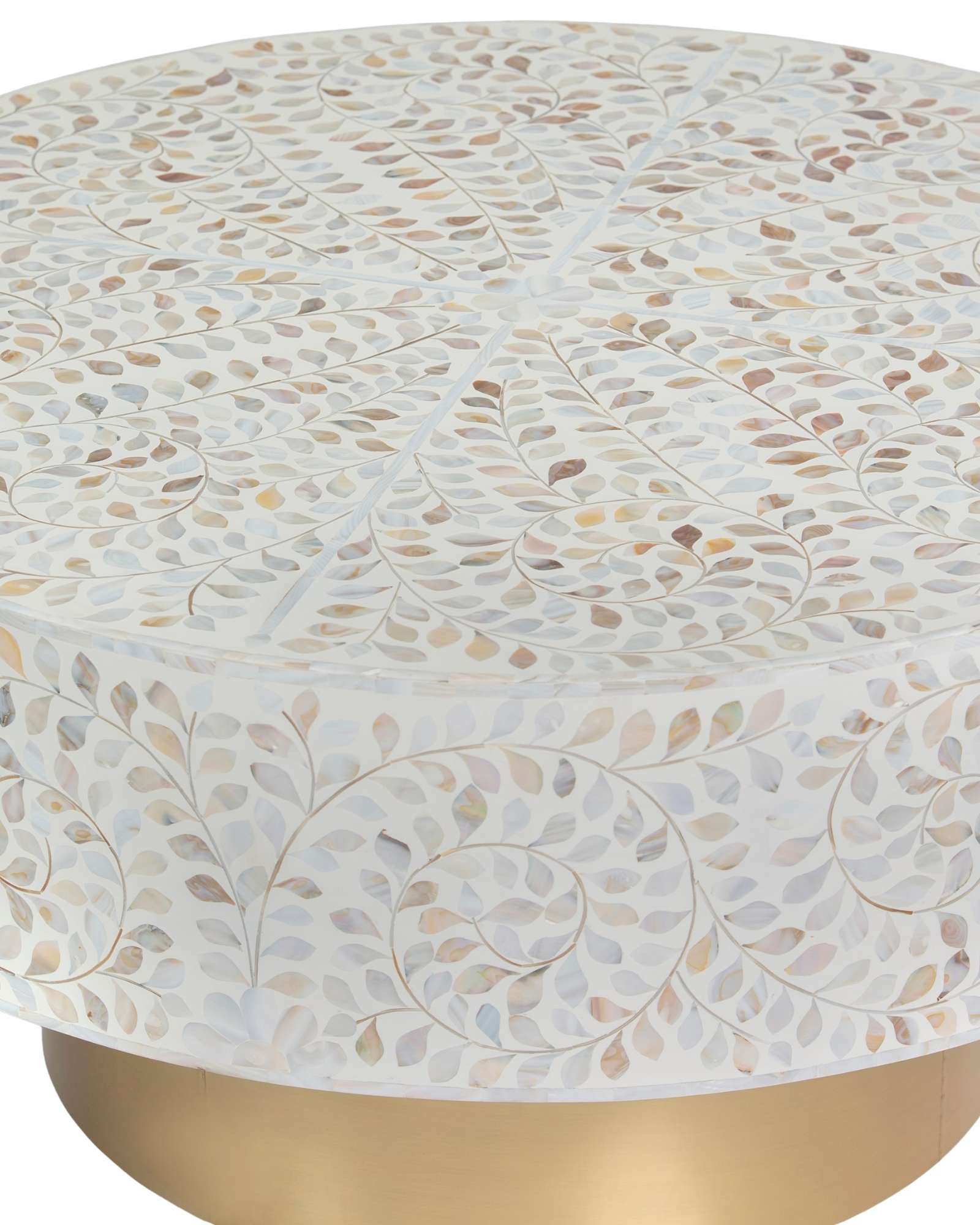 Mother of pearl inlay coffee table featuring intricate floral vine pattern in white and multitone, handcrafted furniture piece.