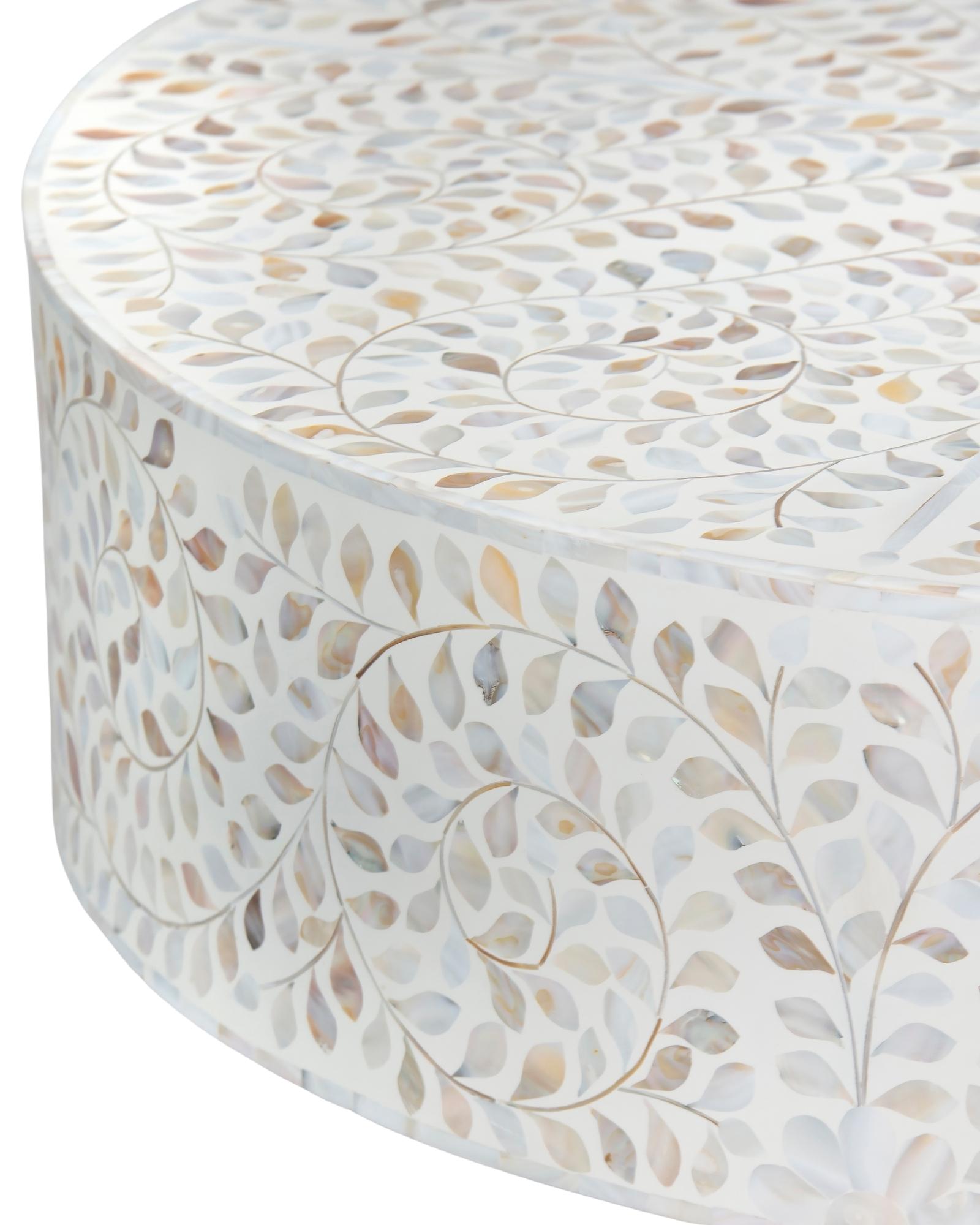 Mother of pearl inlay coffee table featuring intricate floral vine pattern in white and multitone, handcrafted furniture piece.