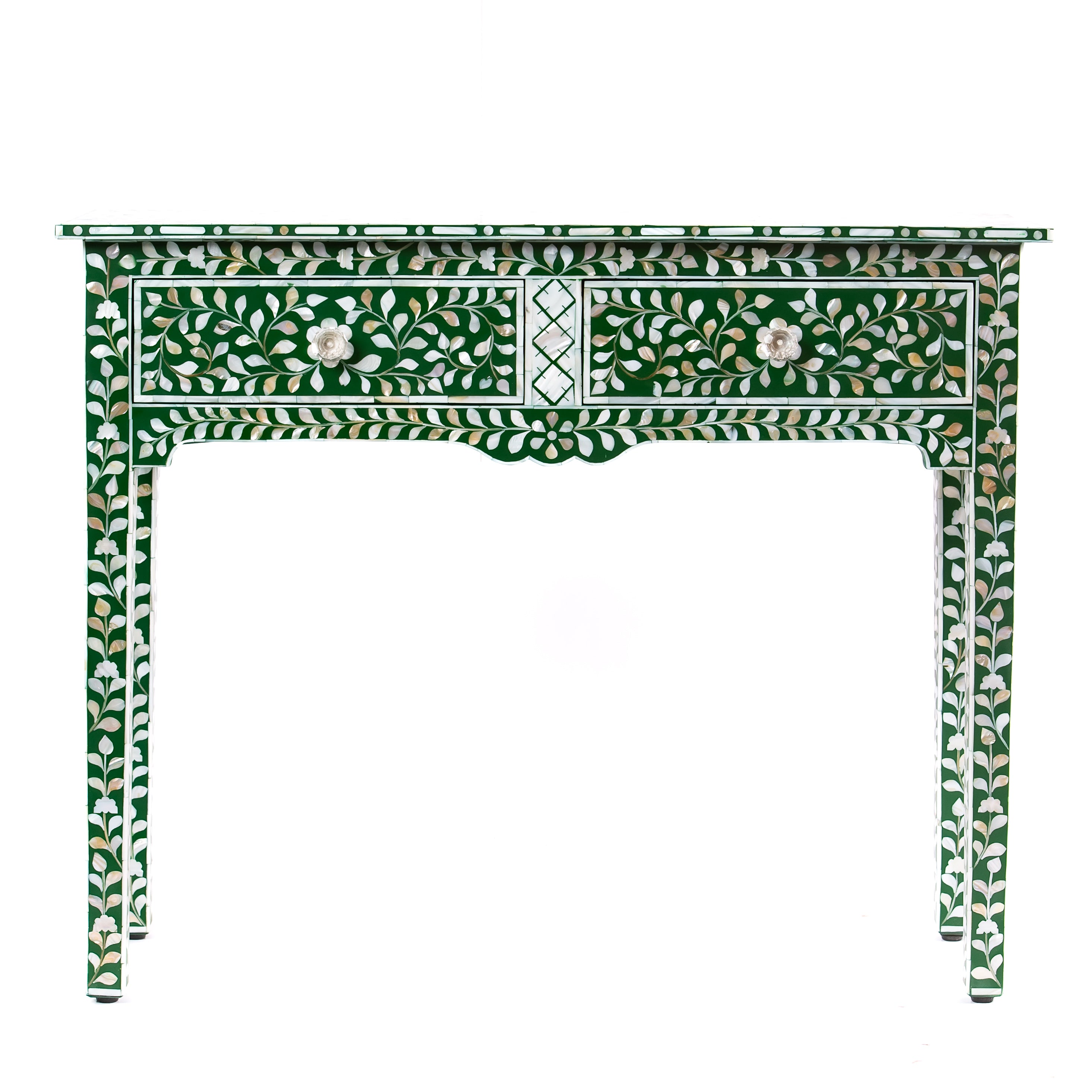 Green mother of pearl inlay console with curved fully inlaid base, handcrafted with seamless iridescent detailing.