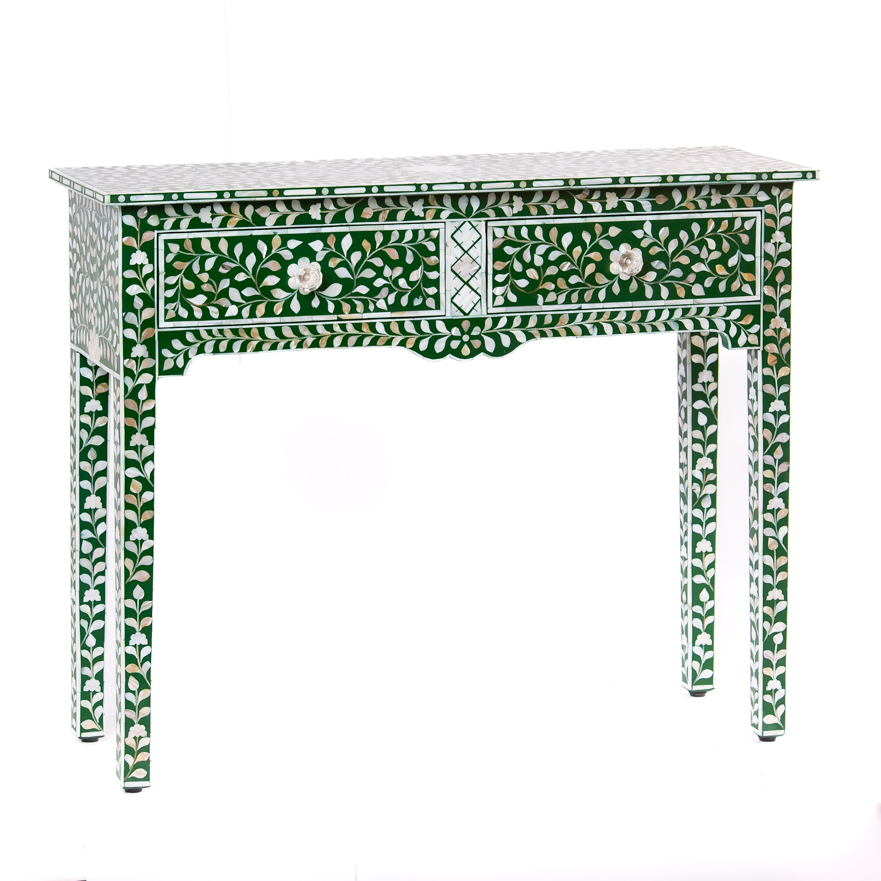 Green mother of pearl inlay console with curved fully inlaid base, handcrafted with seamless iridescent detailing.