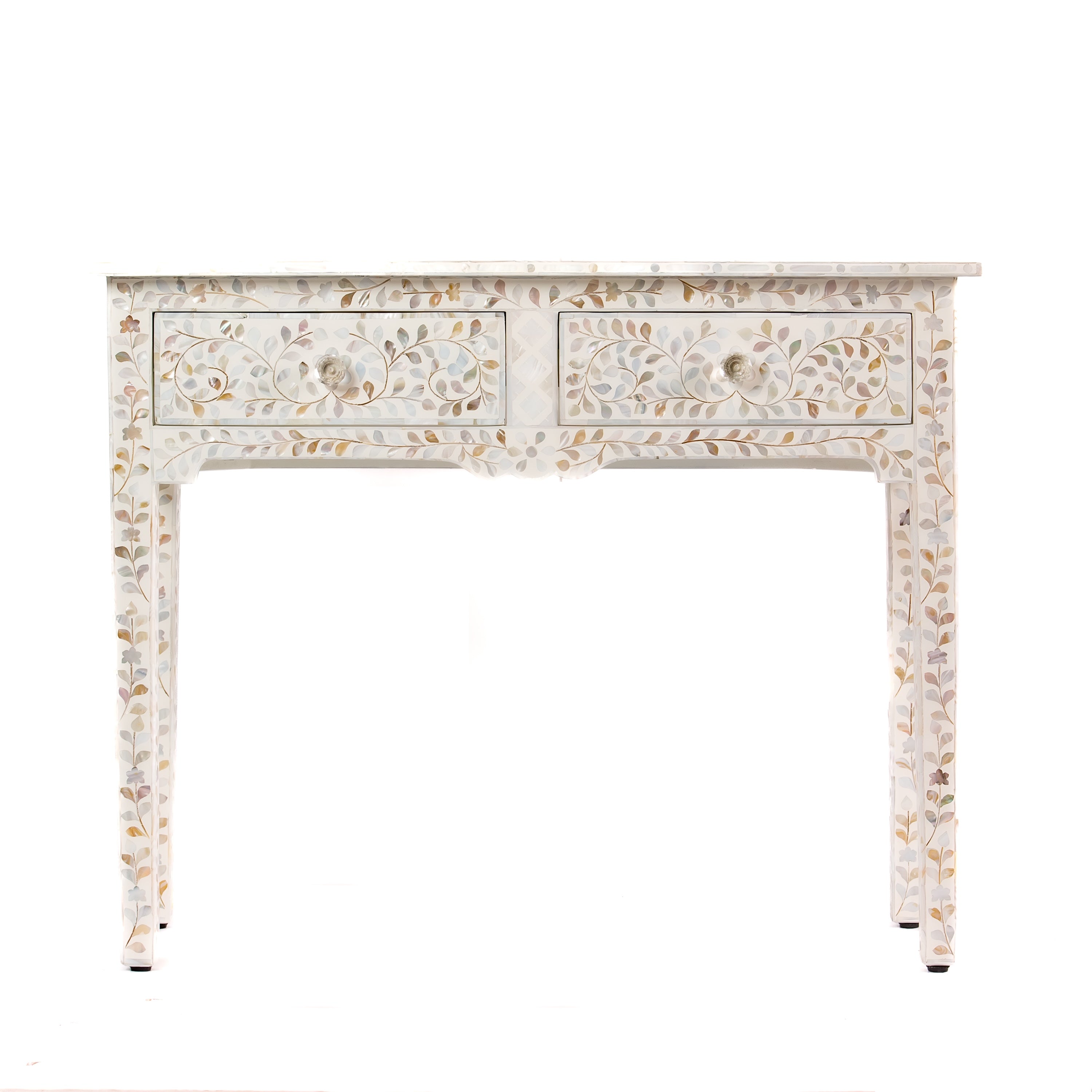 White mother of pearl inlay console with curved fully inlaid base, handcrafted with seamless iridescent detailing.