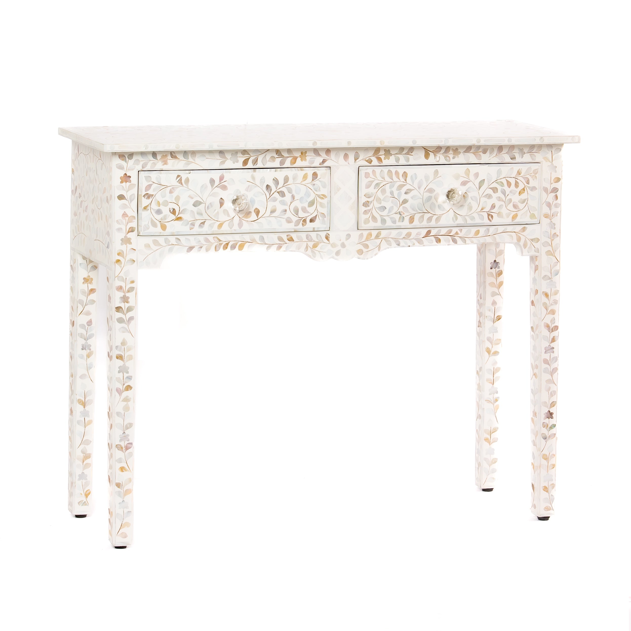 White mother of pearl inlay console with curved fully inlaid base, handcrafted with seamless iridescent detailing.