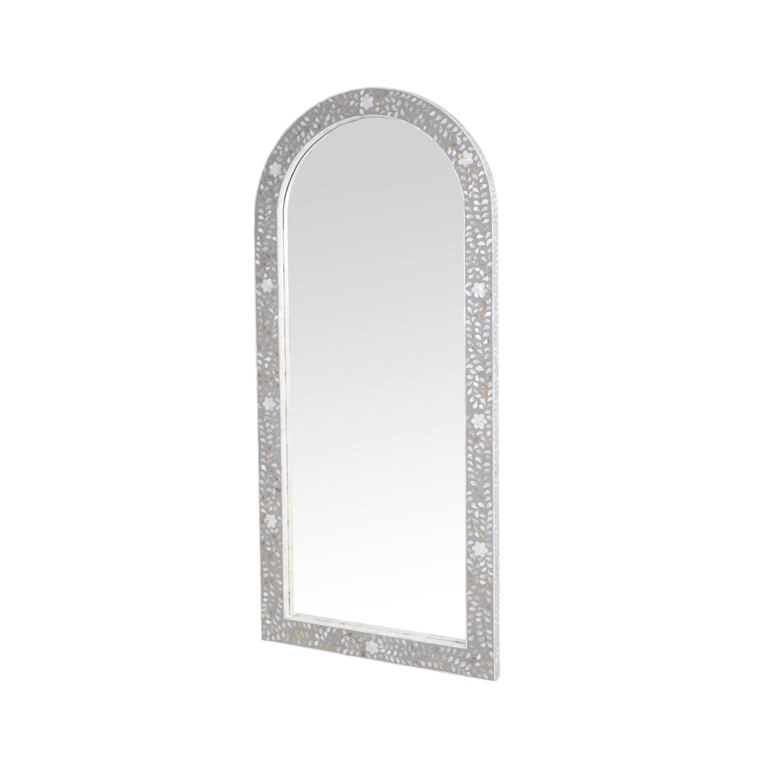 Handcrafted grey mother of pearl inlay mirror with floral detailing and arched frame