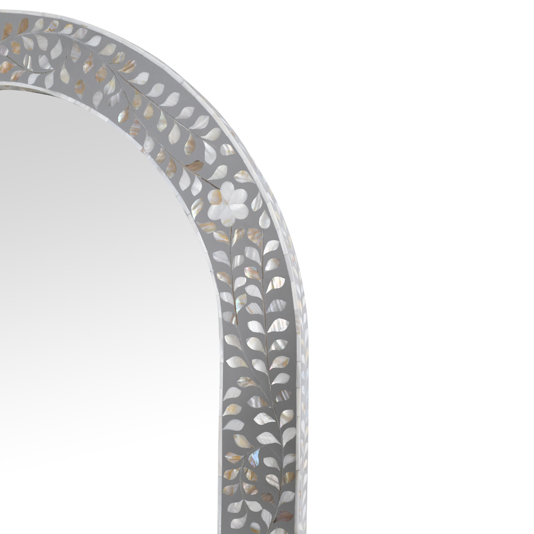 Handcrafted grey mother of pearl inlay mirror with floral detailing and arched frame, perfect for elegant interiors.