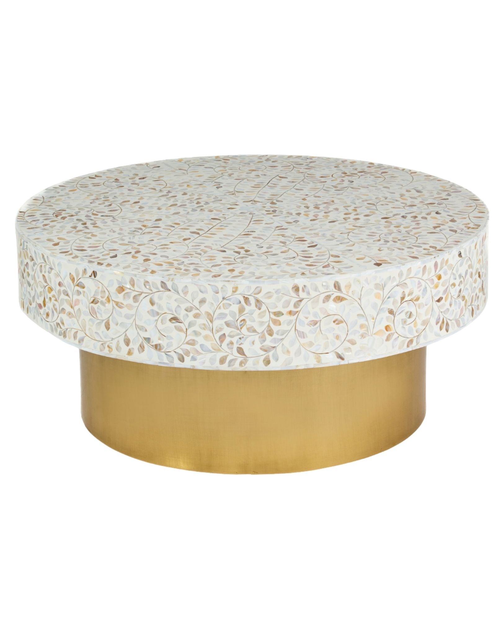 White mother of pearl inlay coffee table featuring intricate floral vine design and brushed gold cylindrical base by Tabeer Homes.