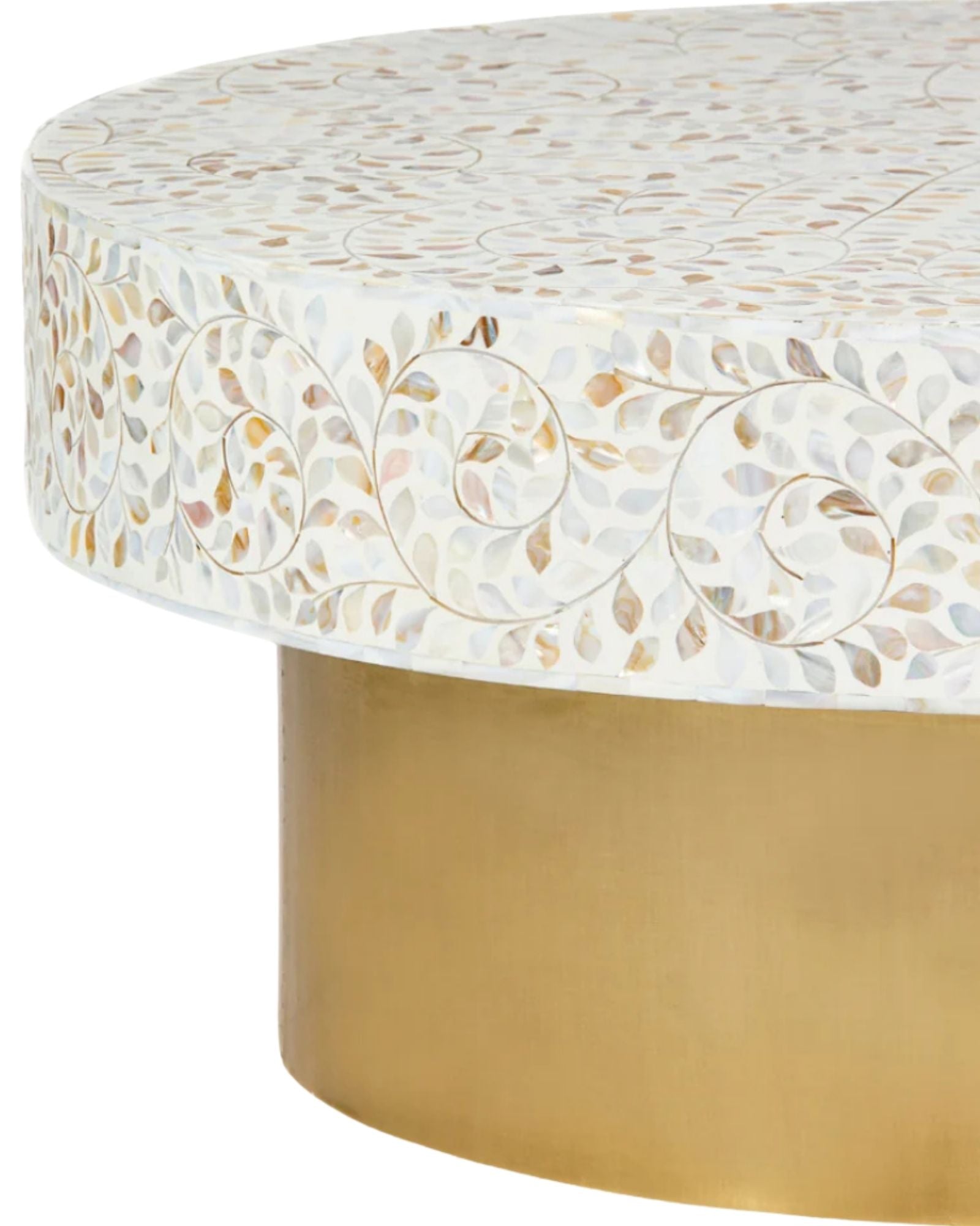 White mother of pearl inlay coffee table featuring intricate floral vine design and brushed gold cylindrical base by Tabeer Homes.