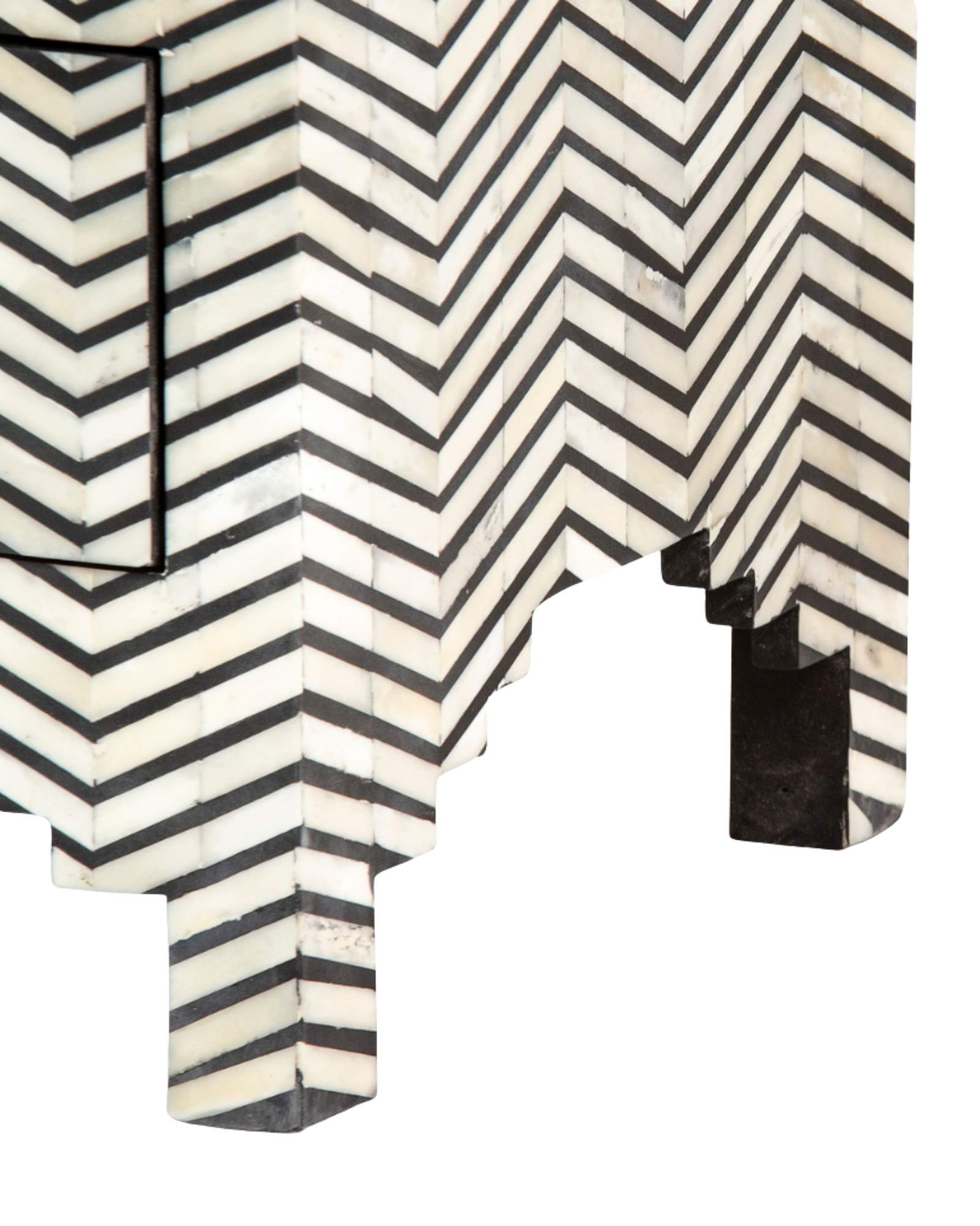 Featuring a Black Bone Inlay Chest of Drawer in chevron pattern, the Isra collection enhances your space with intricately handcrafted designs that elevate your home and living aesthetics.