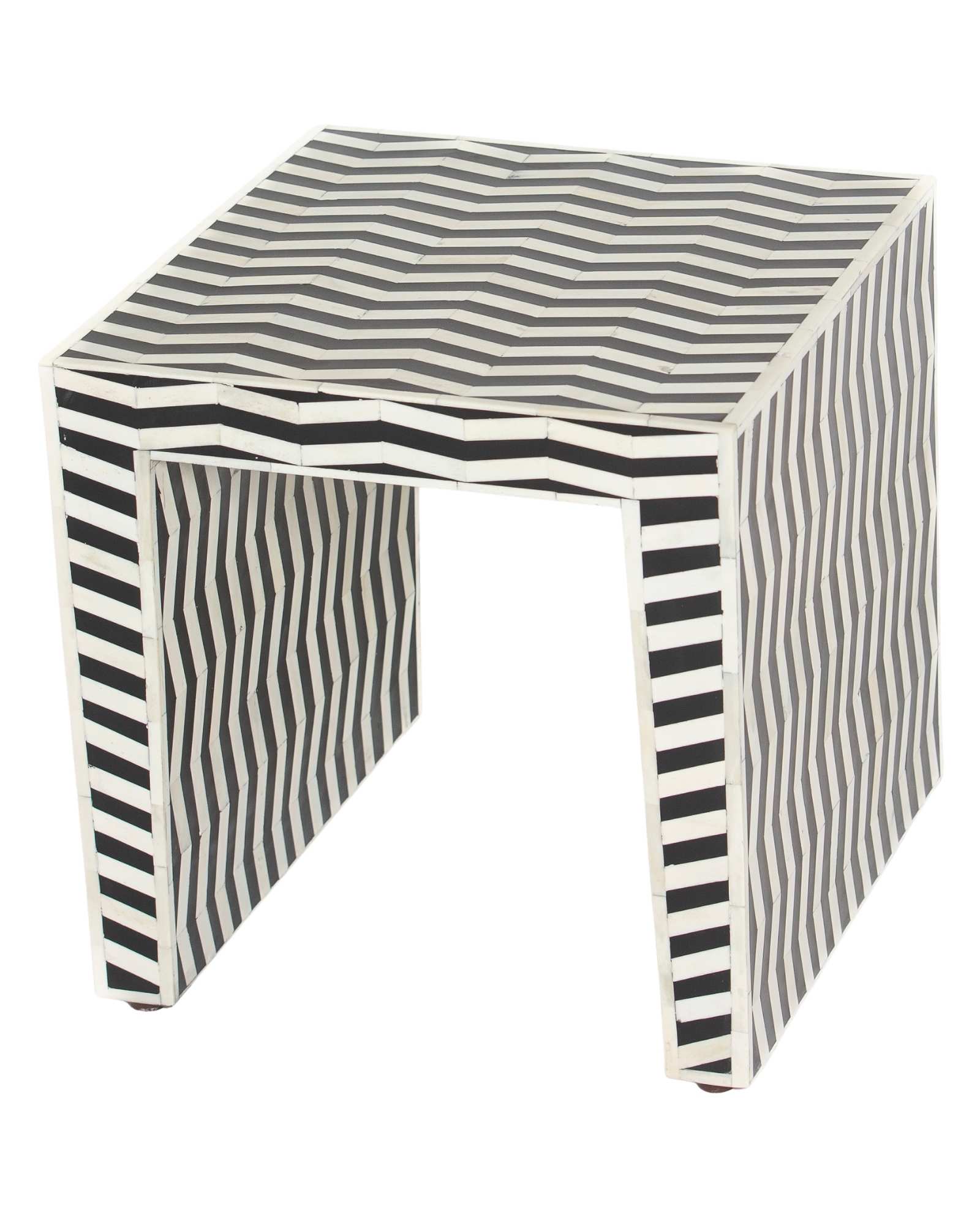 Handcrafted Isra side table featuring black bone inlay with geometric striped detailing and a compact cubic form.