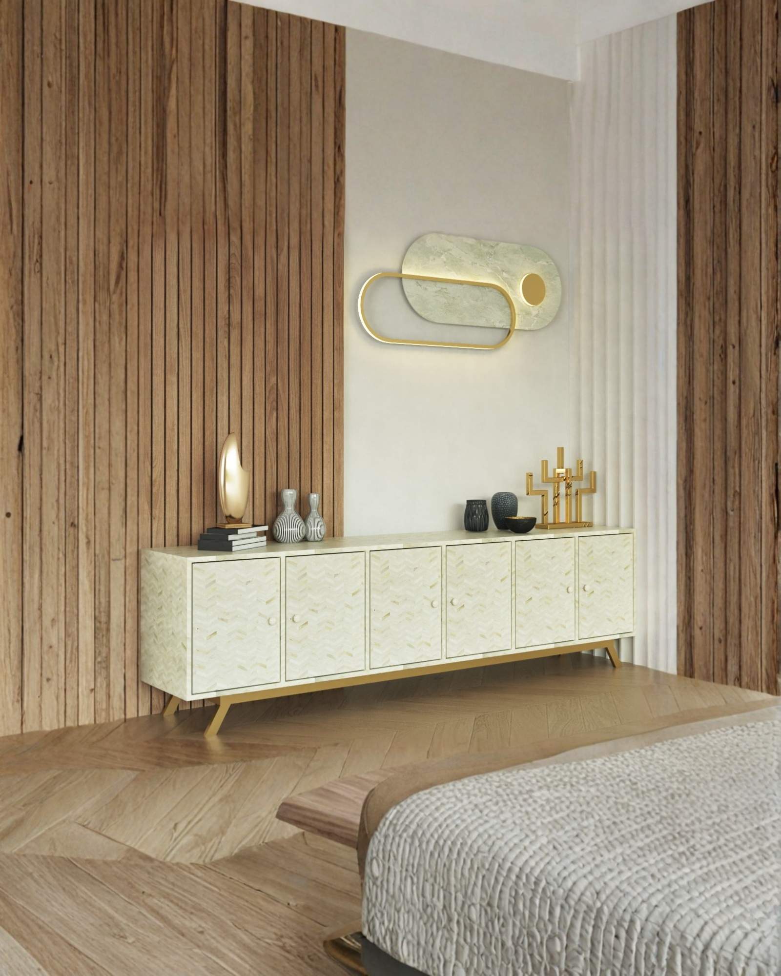 Handcrafted beige cabinet with intricate bone inlay, featuring a striped pattern and sleek metal legs. A luxurious storage solution for any space.