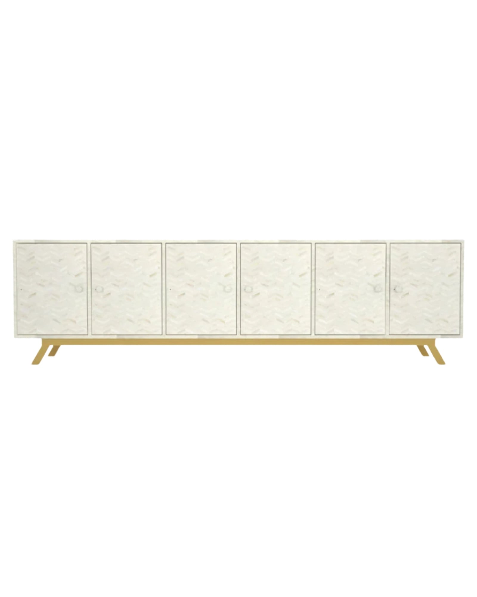 Handcrafted beige cabinet with intricate bone inlay, featuring a striped pattern and sleek metal legs. A luxurious storage solution for any space.