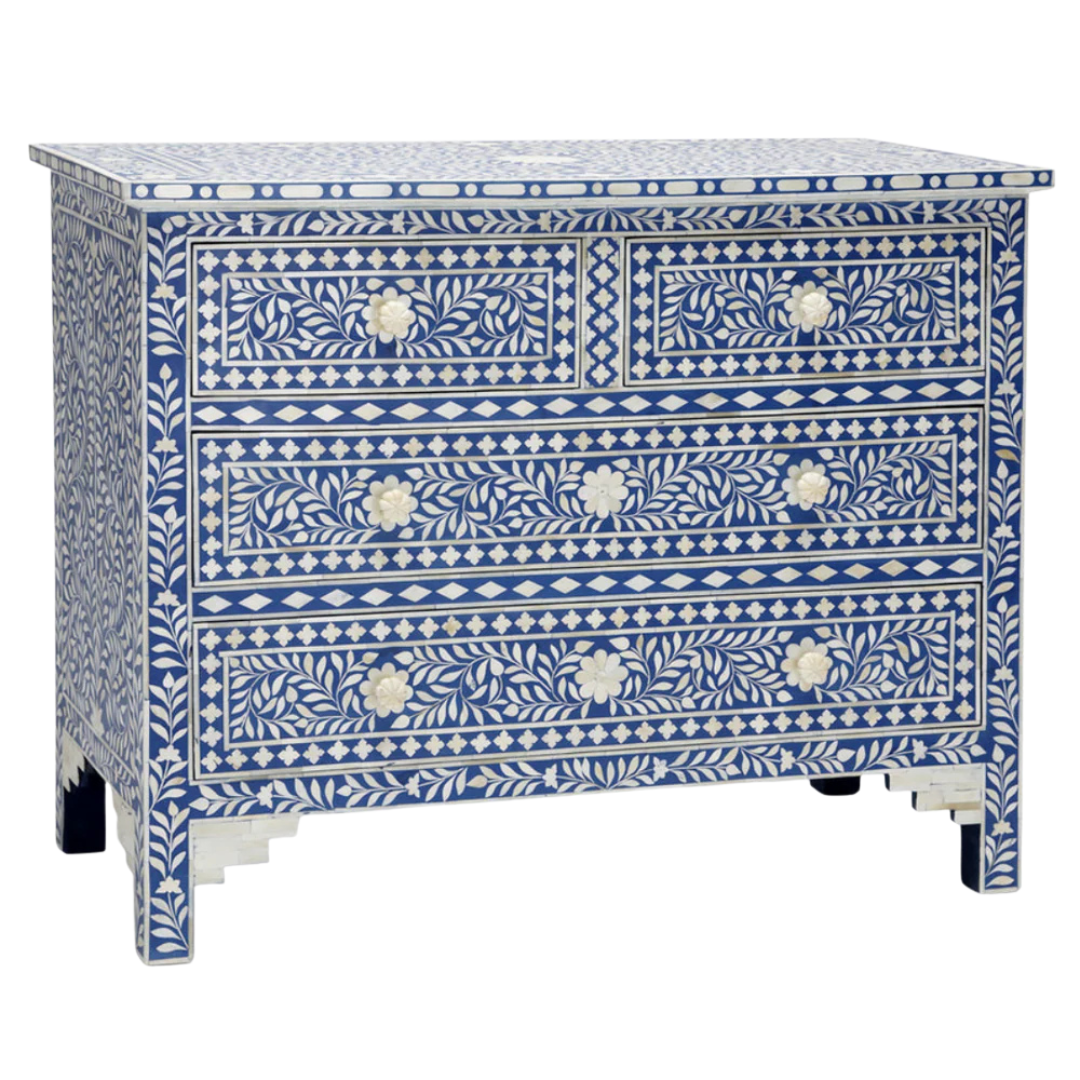 Featuring a Grey Bone Inlay Chest of Drawer in floral pattern, the Jade collection enhances your space with intricately handcrafted designs that elevate your home and living aesthetics.