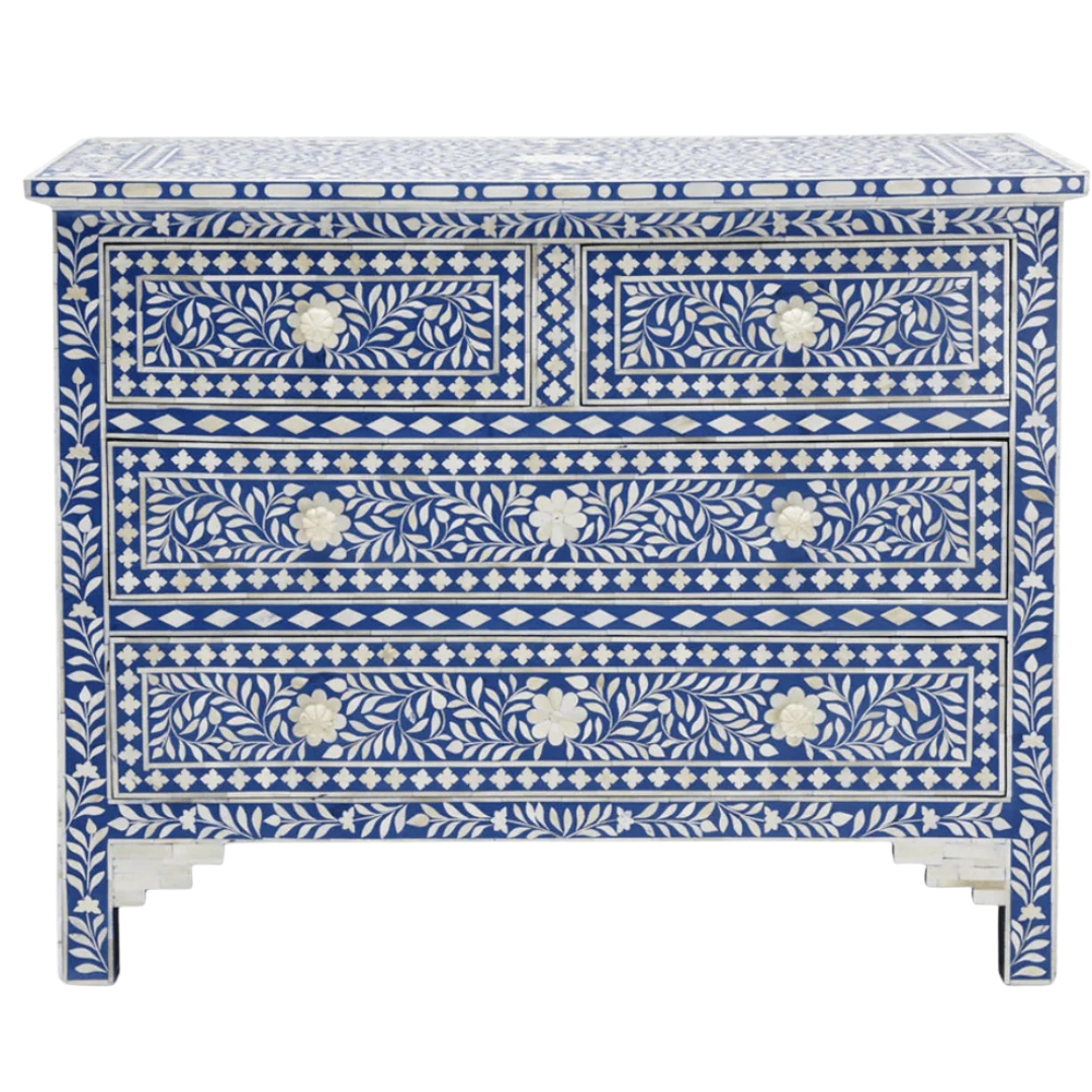 Featuring a Grey Bone Inlay Chest of Drawer in floral pattern, the Jade collection enhances your space with intricately handcrafted designs that elevate your home and living aesthetics.