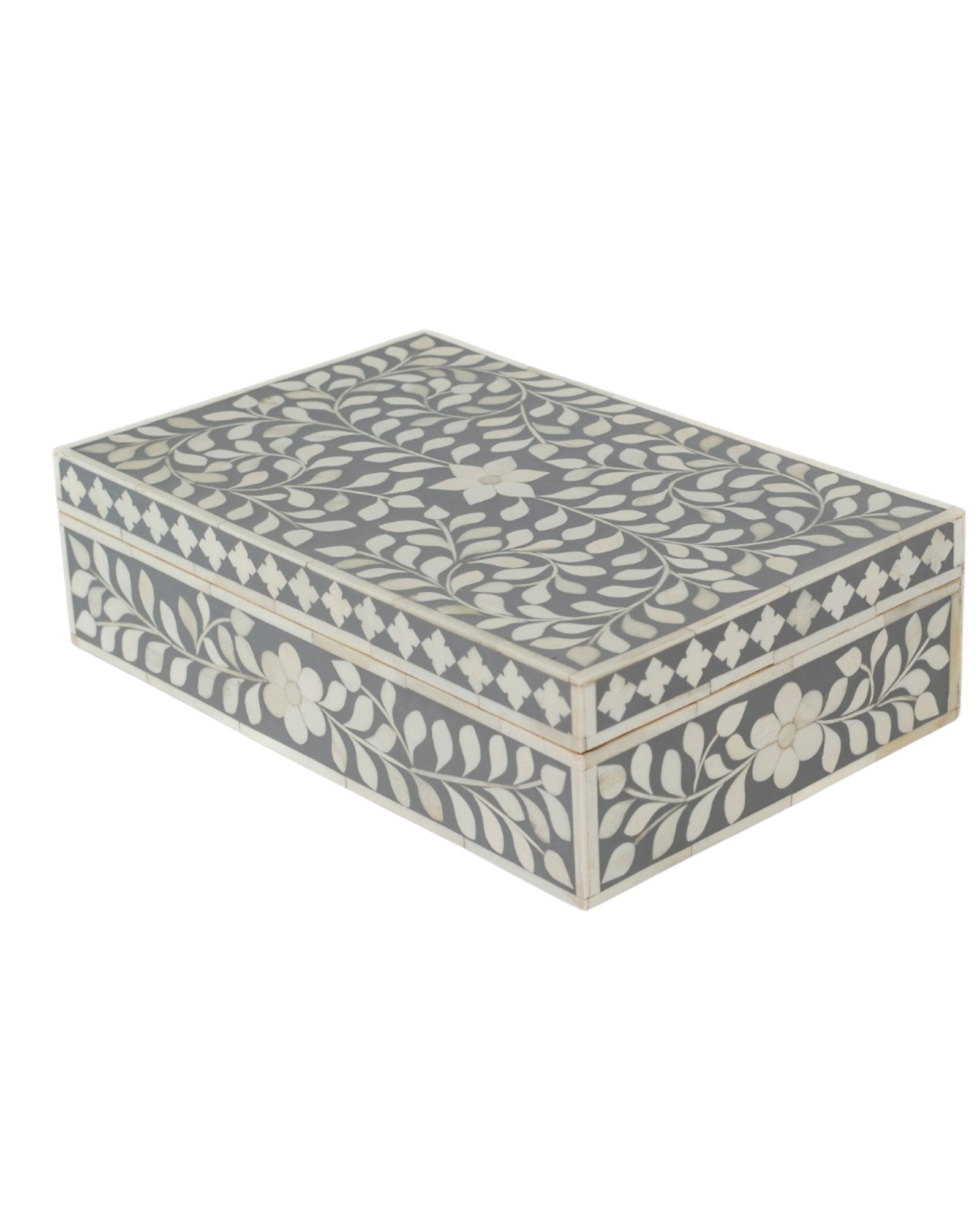 A soft grey decorative box crafted in bone inlay, combining subtle tones with intricate floral detailing.
