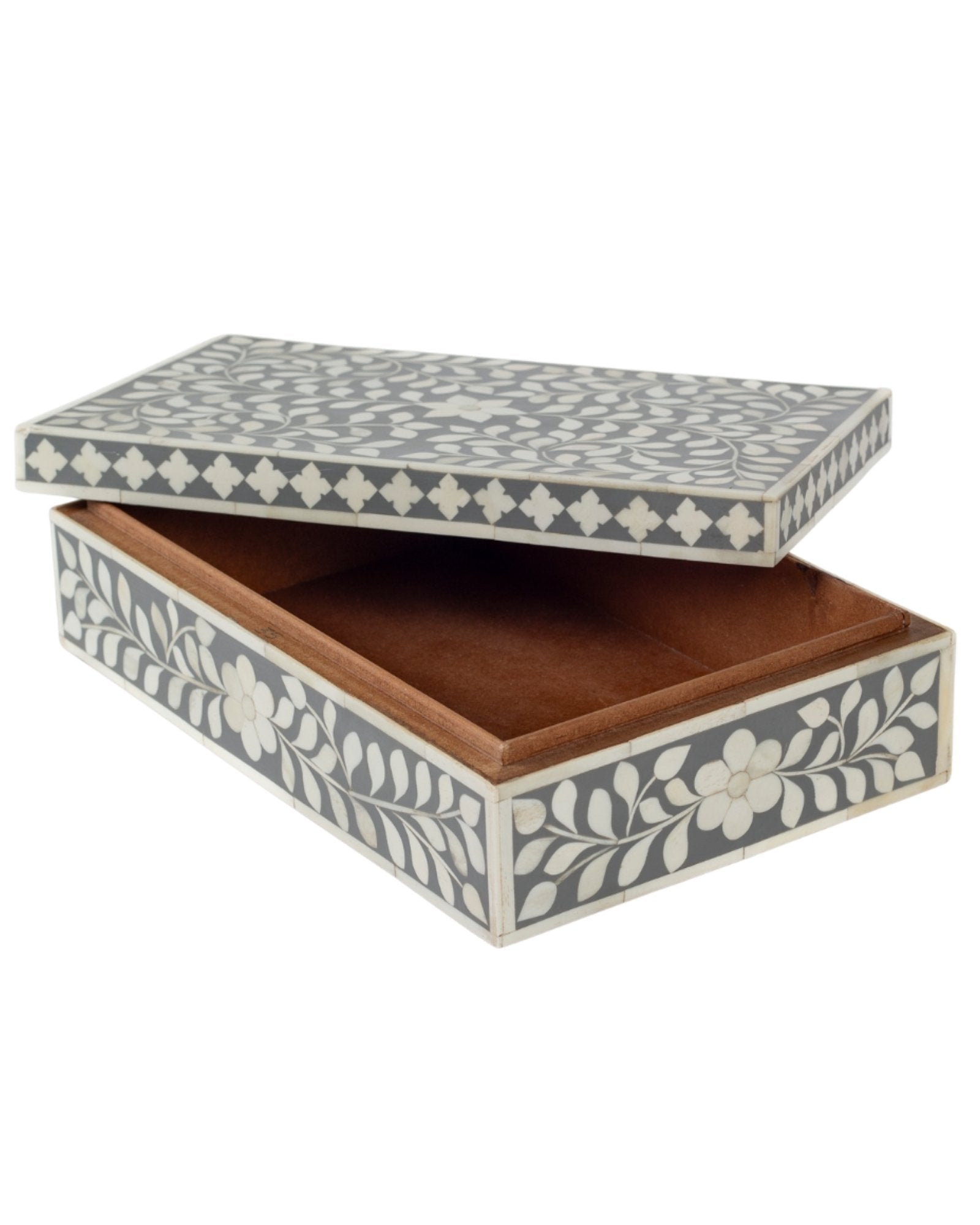A soft grey decorative box crafted in bone inlay, combining subtle tones with intricate floral detailing.