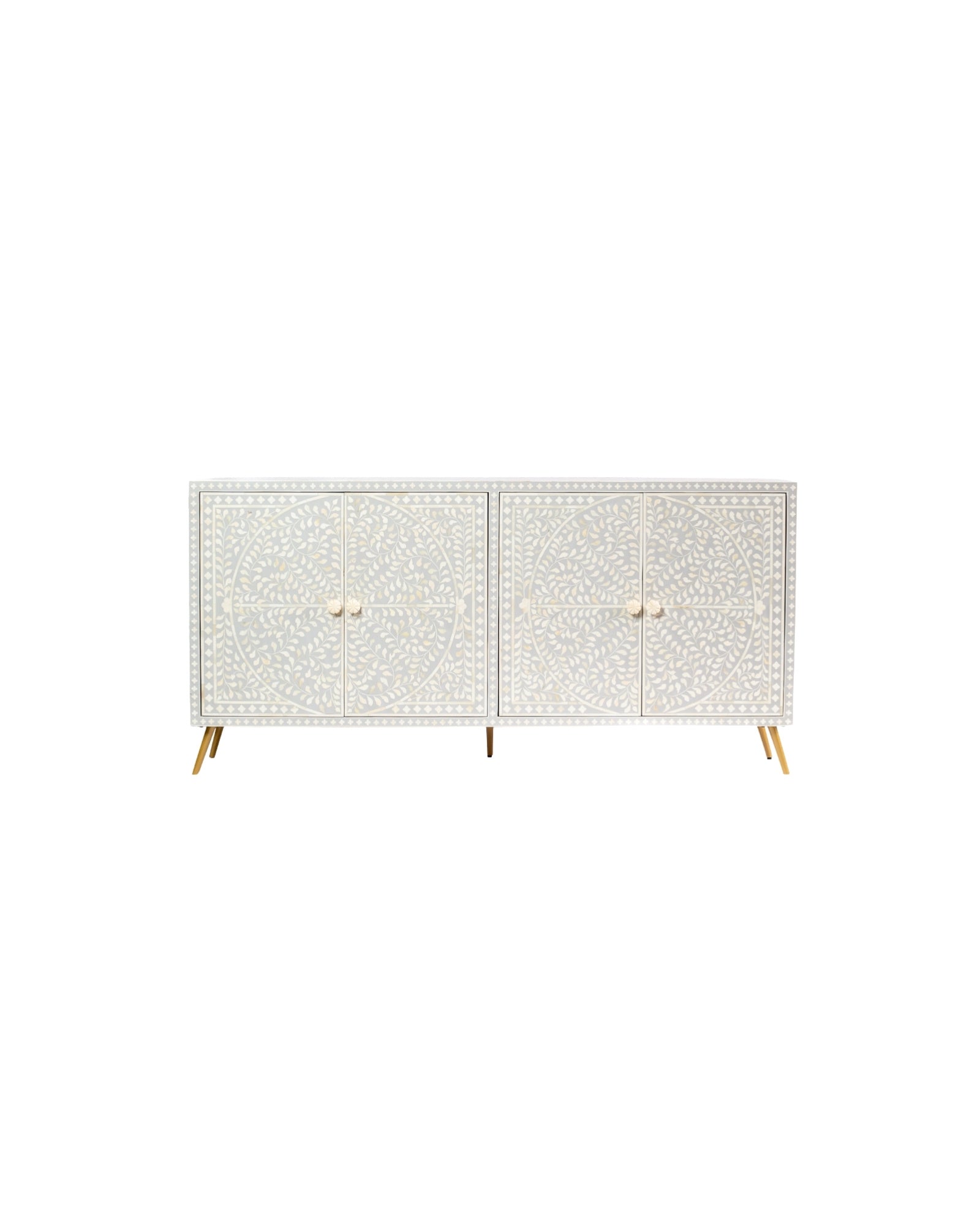 Grey bone inlay cabinet with floral vine pattern, brass legs, and carved bone knobs, handcrafted with spacious storage and artisanal charm.