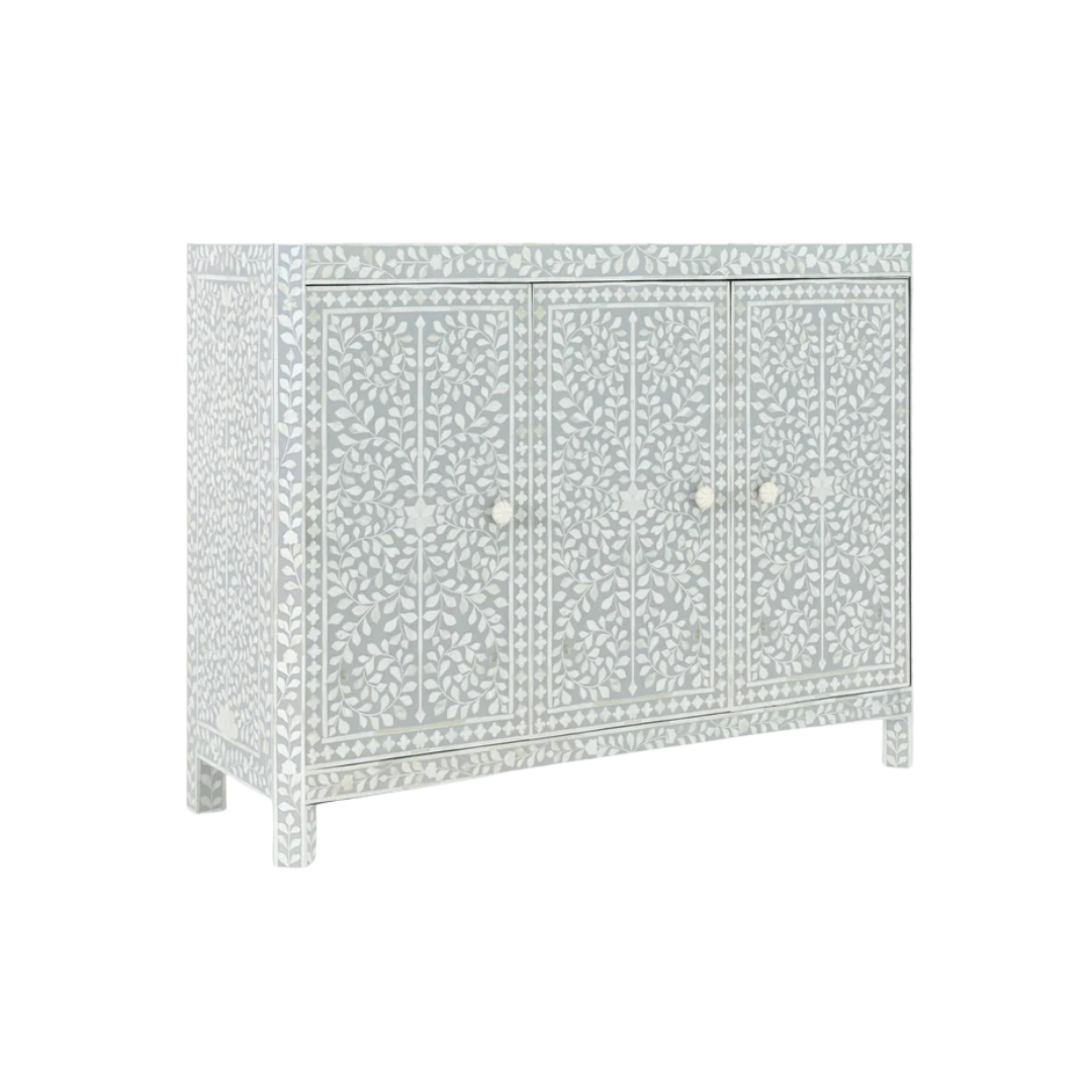 Handcrafted grey Cabinet with intricate Bone inlay, featuring a floral pattern and sleek Bone legs. A luxurious storage solution for any space.