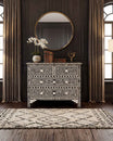 Bone inlay chest of drawers featuring intricate floral pattern in black and white, handcrafted furniture piece.