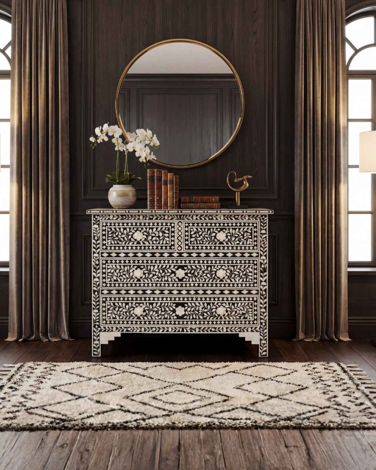 Bone inlay chest of drawers featuring intricate floral pattern in black and white, handcrafted furniture piece.