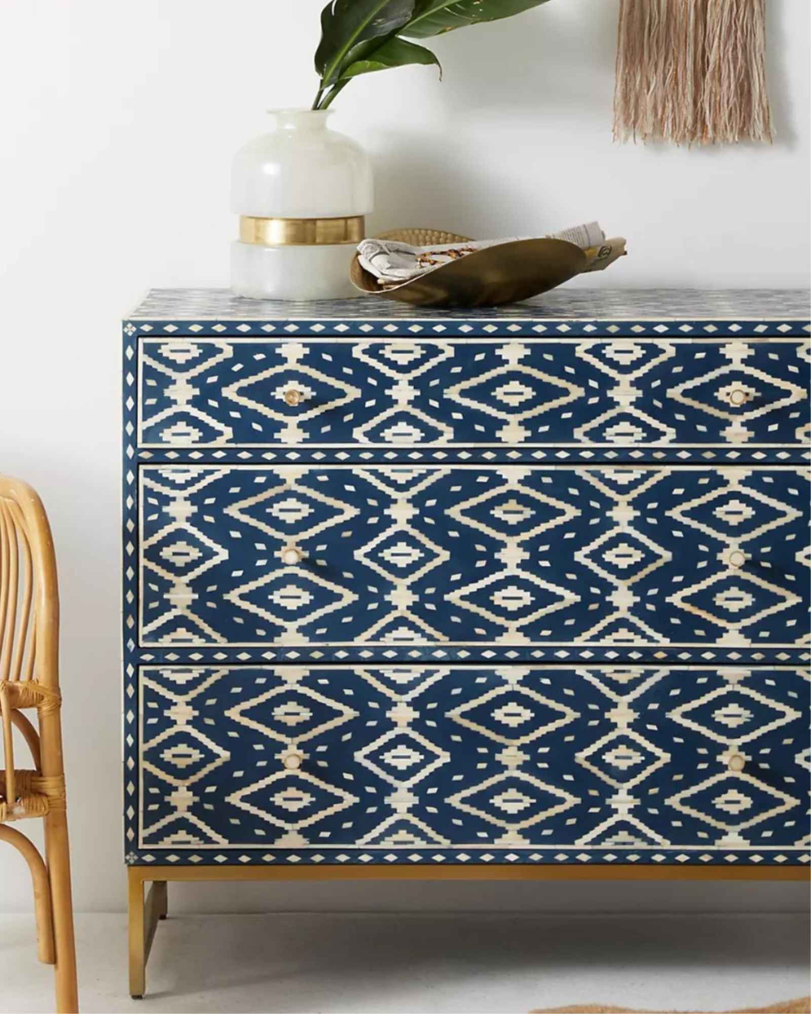 Jade Chest of Drawers - Blue and White Bone Inlay - Tabeer Homes
