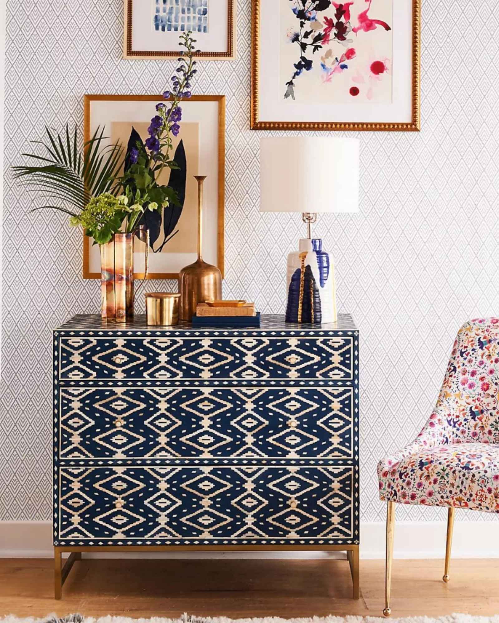 Jade Chest of Drawers - Blue and White Bone Inlay - Tabeer Homes