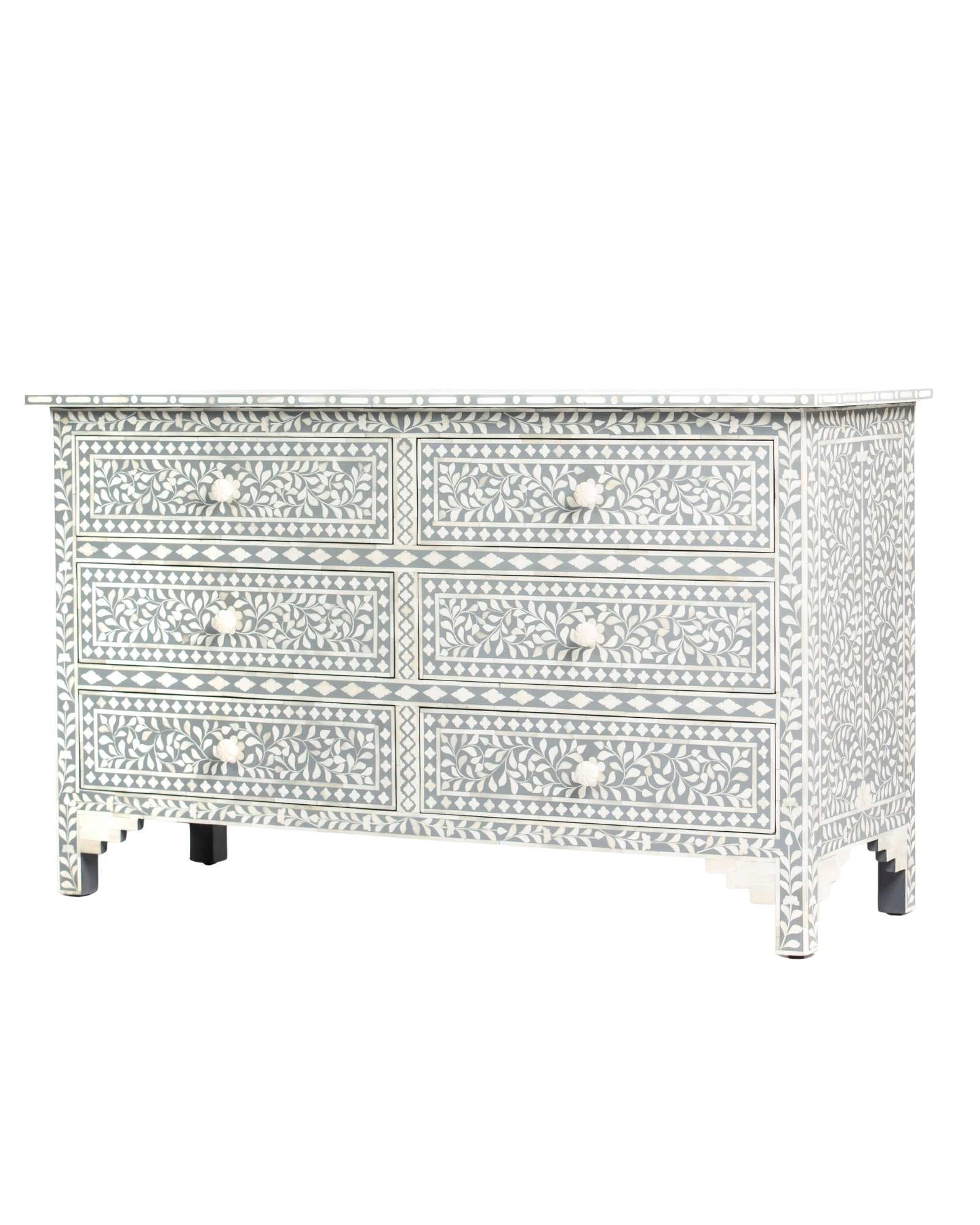 Bone inlay chest of drawers featuring intricate floral pattern in grey and white, handcrafted furniture piece.