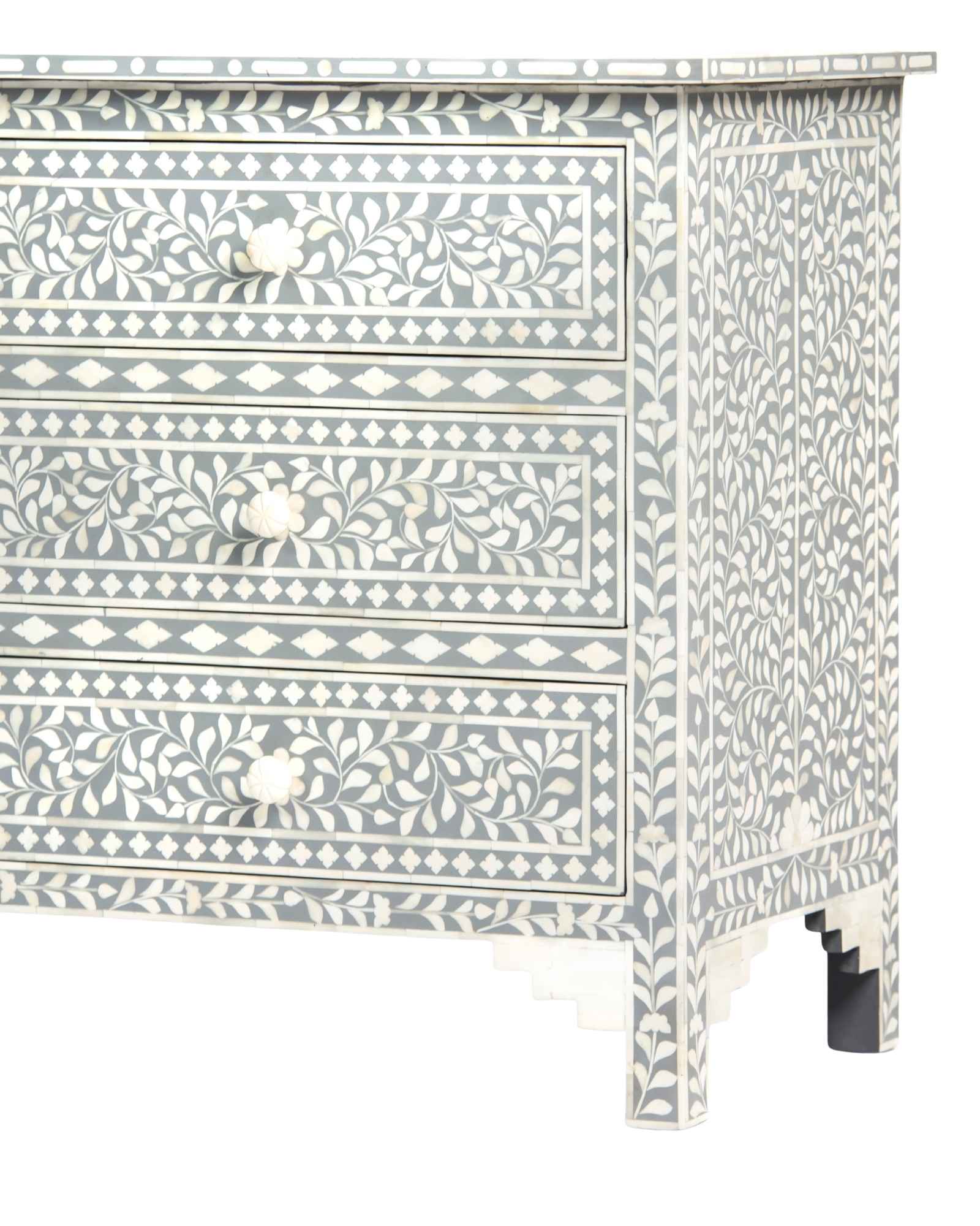 Bone inlay chest of drawers featuring intricate floral pattern in grey and white, handcrafted furniture piece.