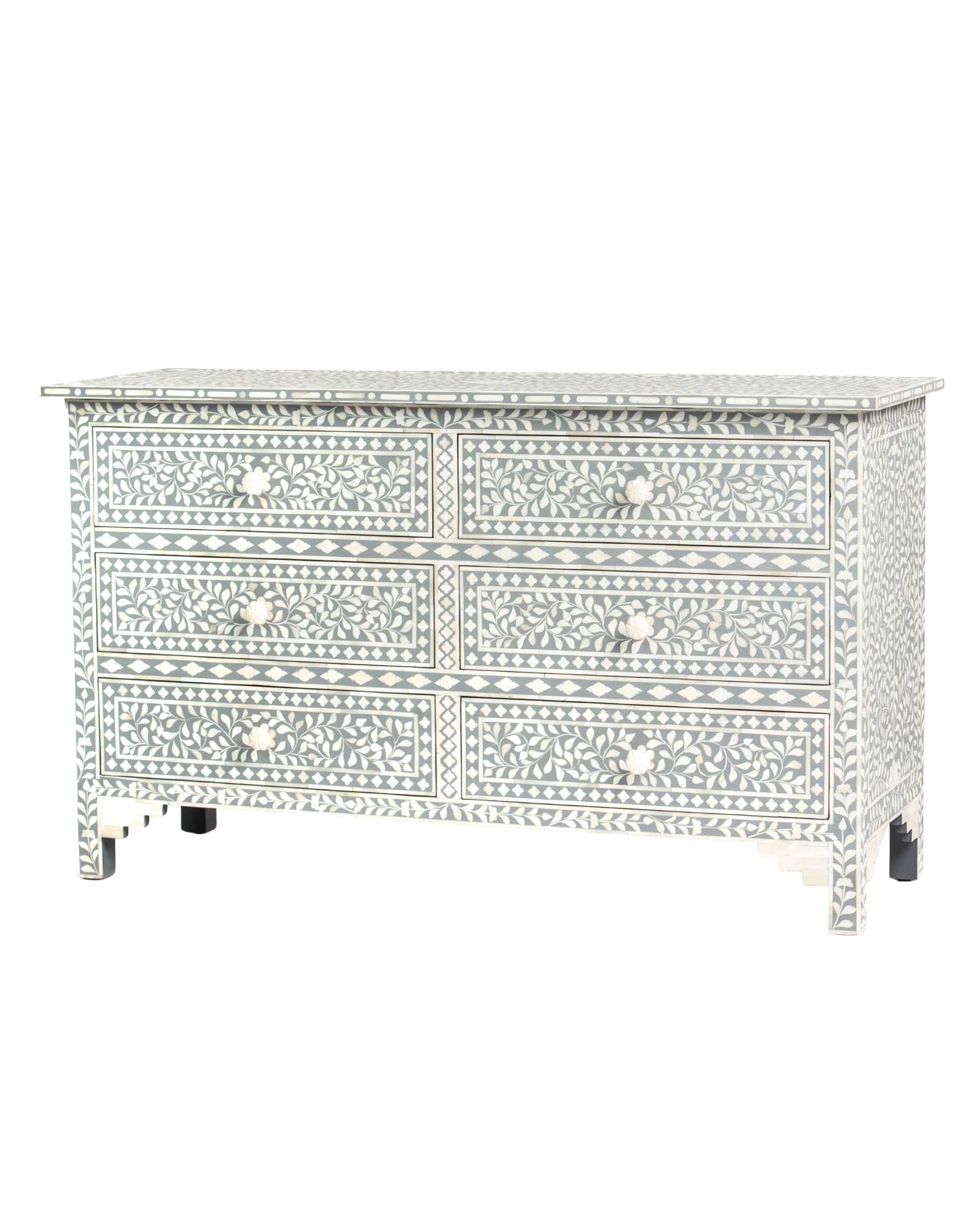 Bone inlay chest of drawers featuring intricate floral pattern in grey and white, handcrafted furniture piece.