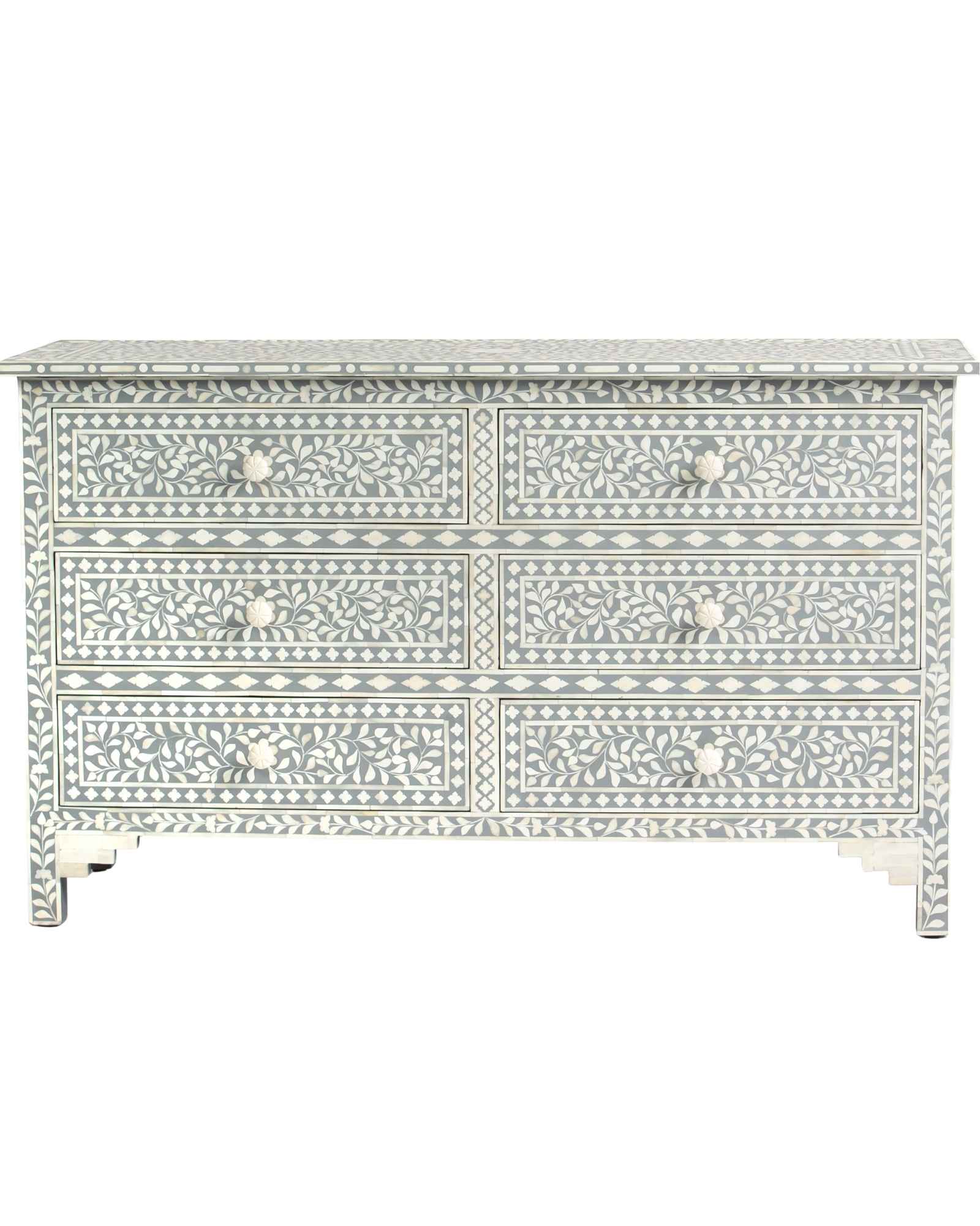 Bone inlay chest of drawers featuring intricate floral pattern in grey and white, handcrafted furniture piece.