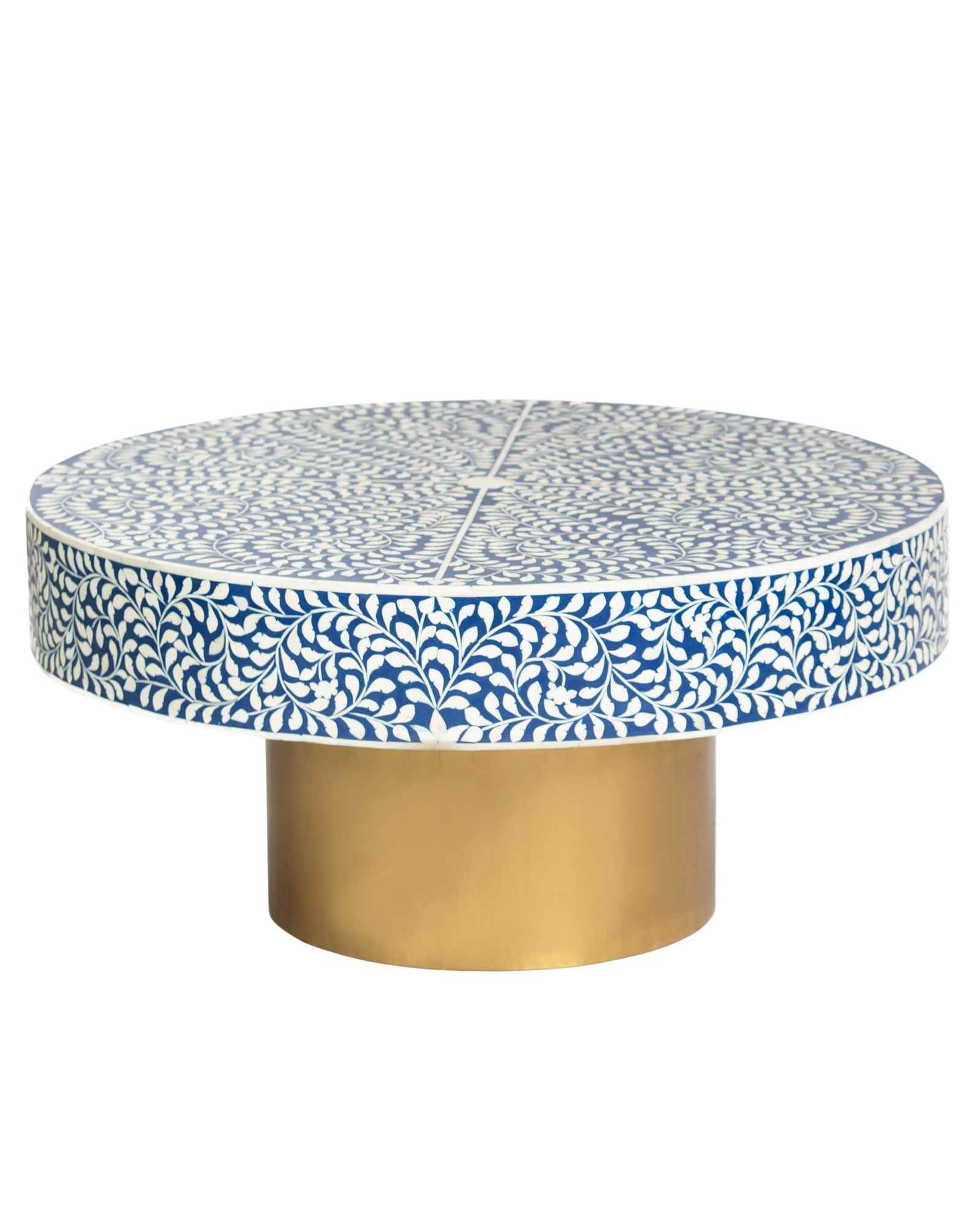 Bone inlay coffee table featuring intricate floral vine pattern in blue and white, handcrafted furniture piece.