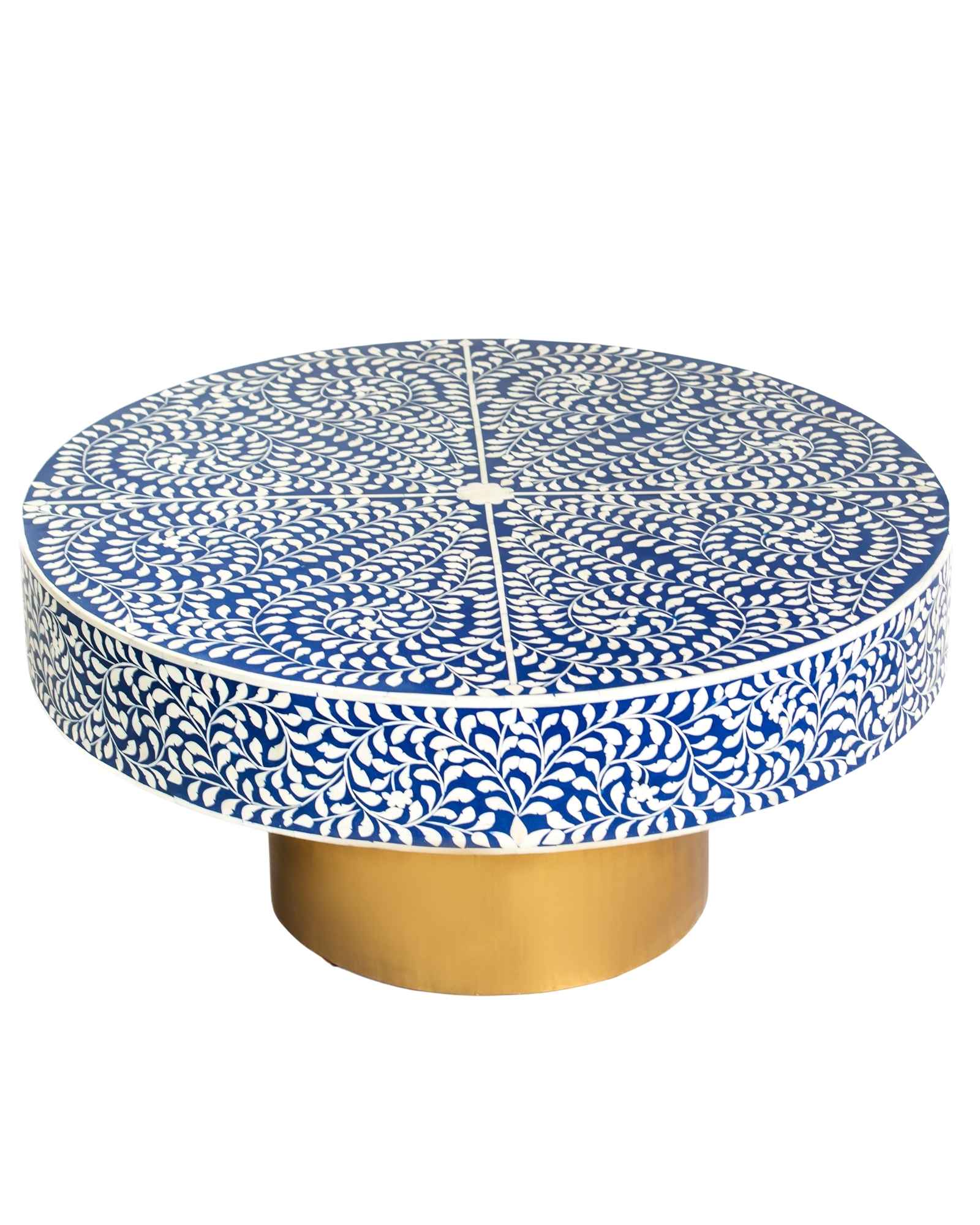 Bone inlay coffee table featuring intricate floral vine pattern in blue and white, handcrafted furniture piece.
