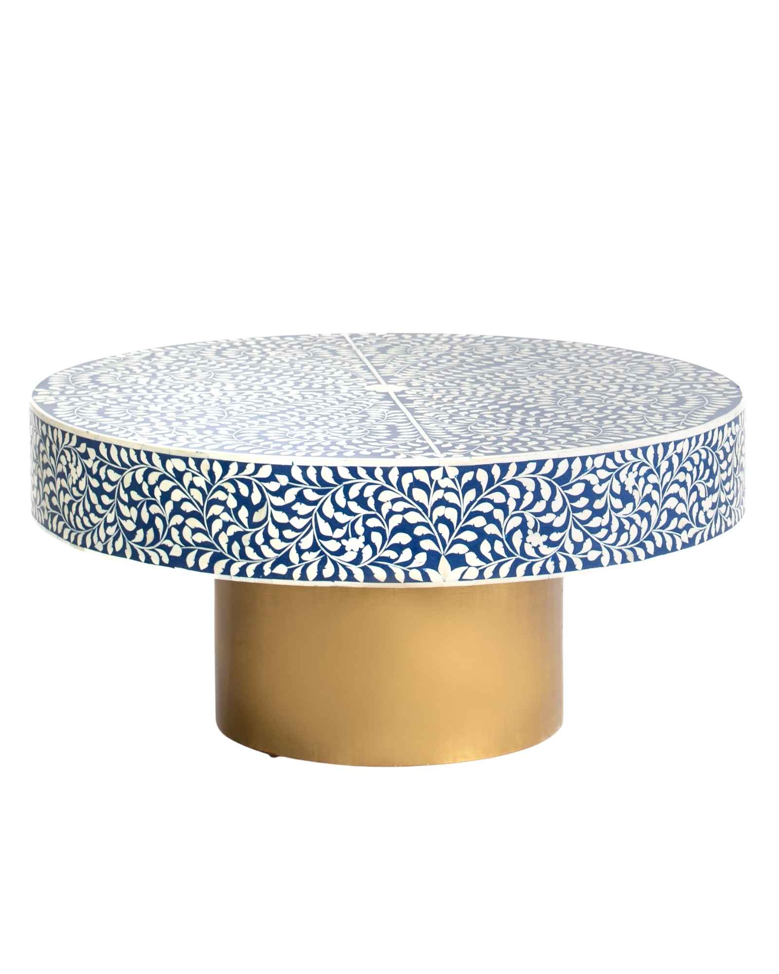 Bone inlay coffee table featuring intricate floral vine pattern in blue and white, handcrafted furniture piece.