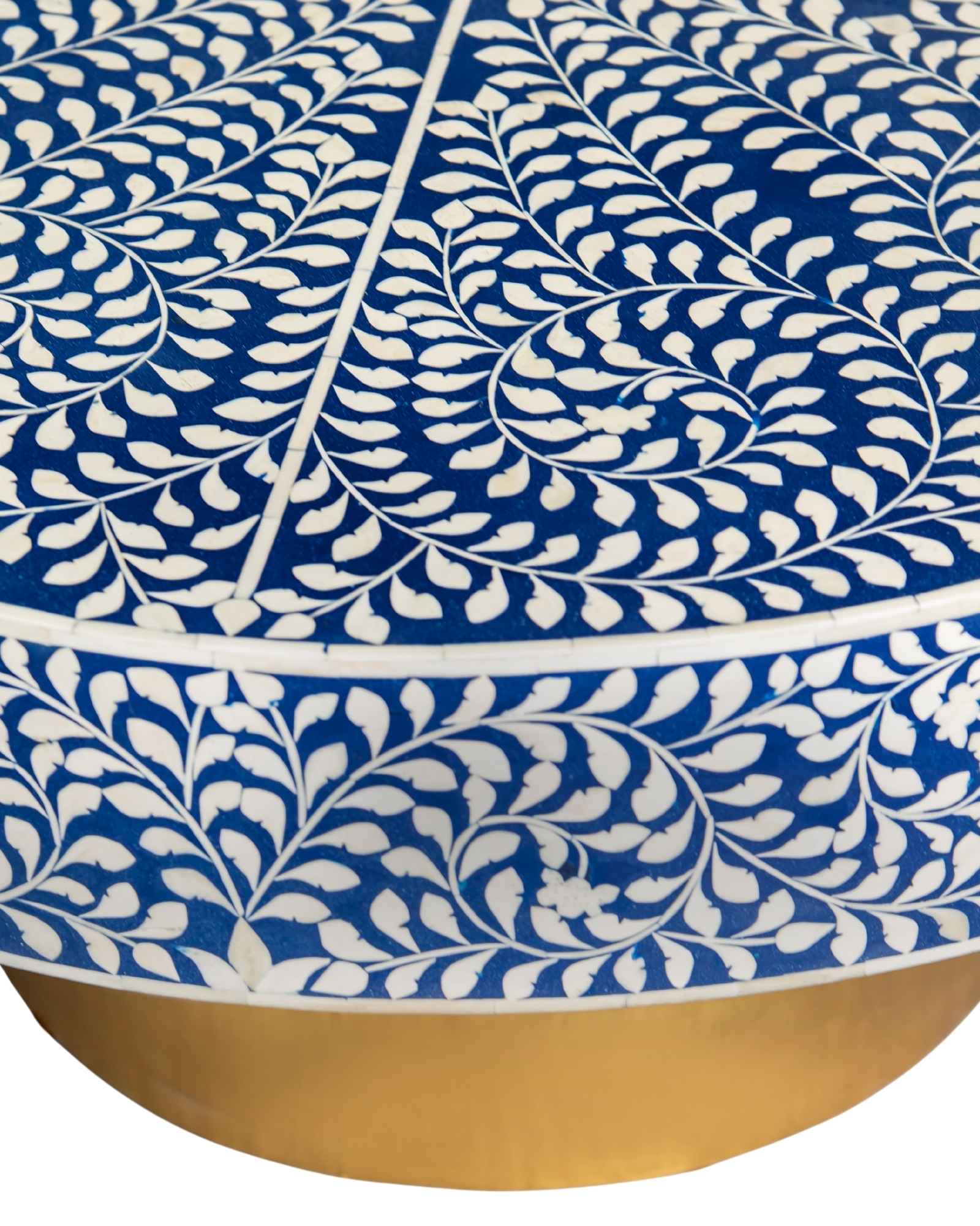 Bone inlay coffee table featuring intricate floral vine pattern in blue and white, handcrafted furniture piece.
