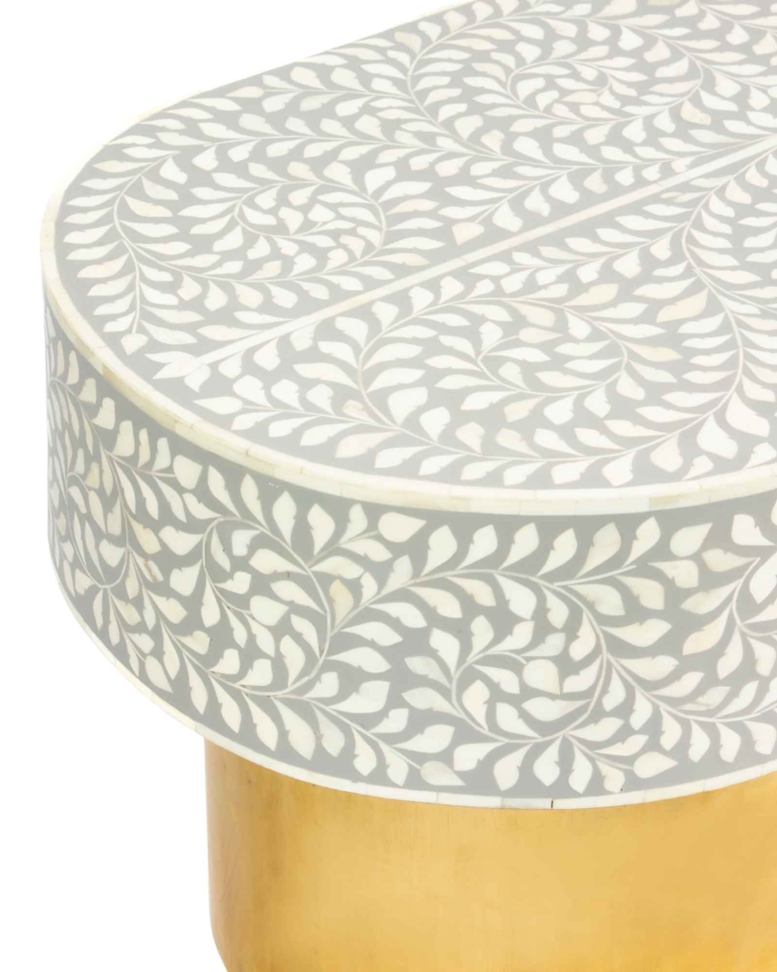 Elegant grey bone inlay coffee table with a gold base. Compact, handcrafted and eye-catching – a timeless addition to your space.