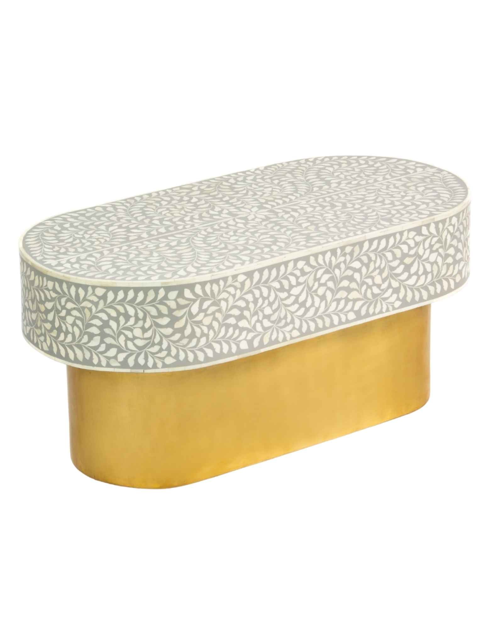 Elegant grey bone inlay coffee table with a gold base. Compact, handcrafted and eye-catching – a timeless addition to your space.